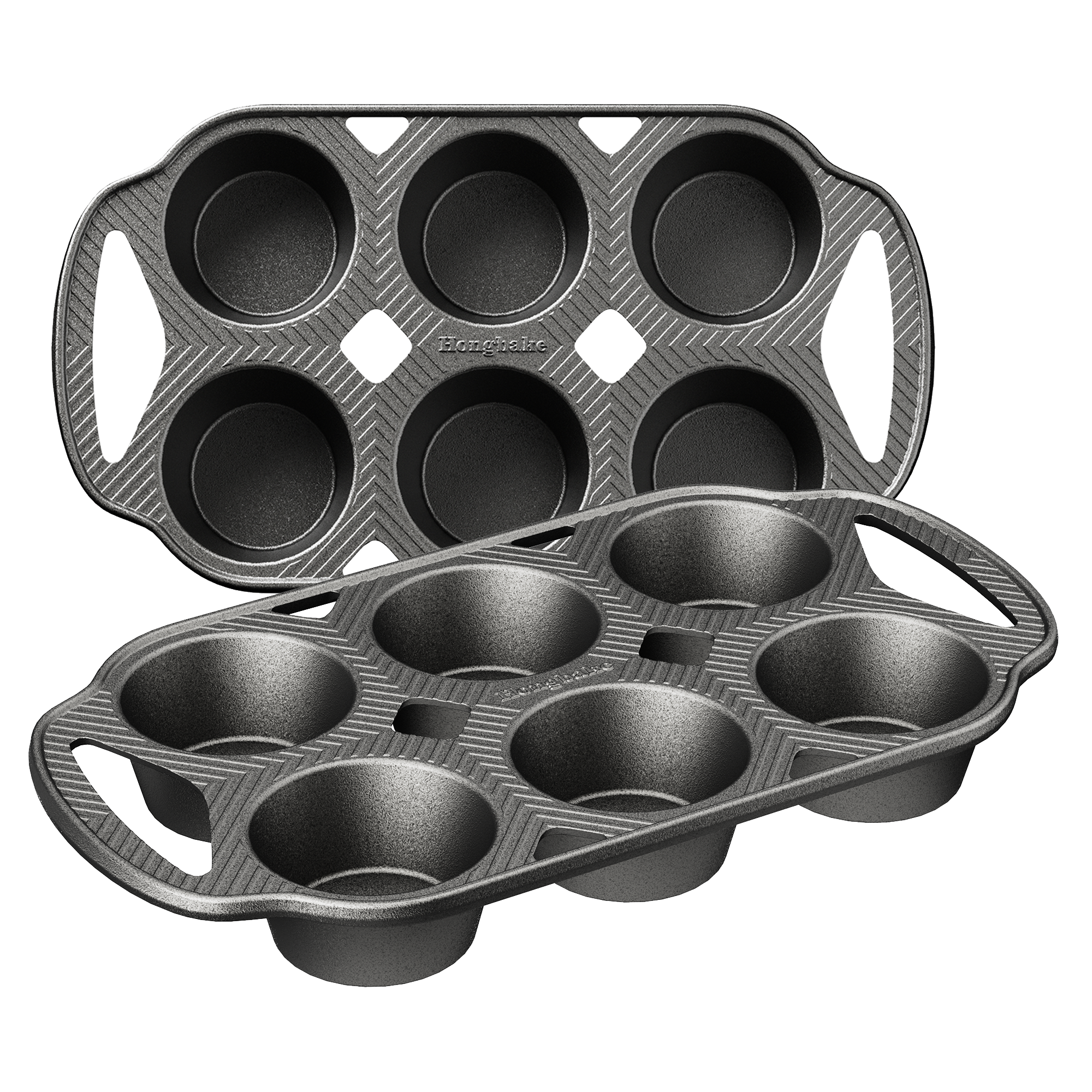 Cast iron muffin and cupcake pans with integrated handles, 6 cup, set of 2