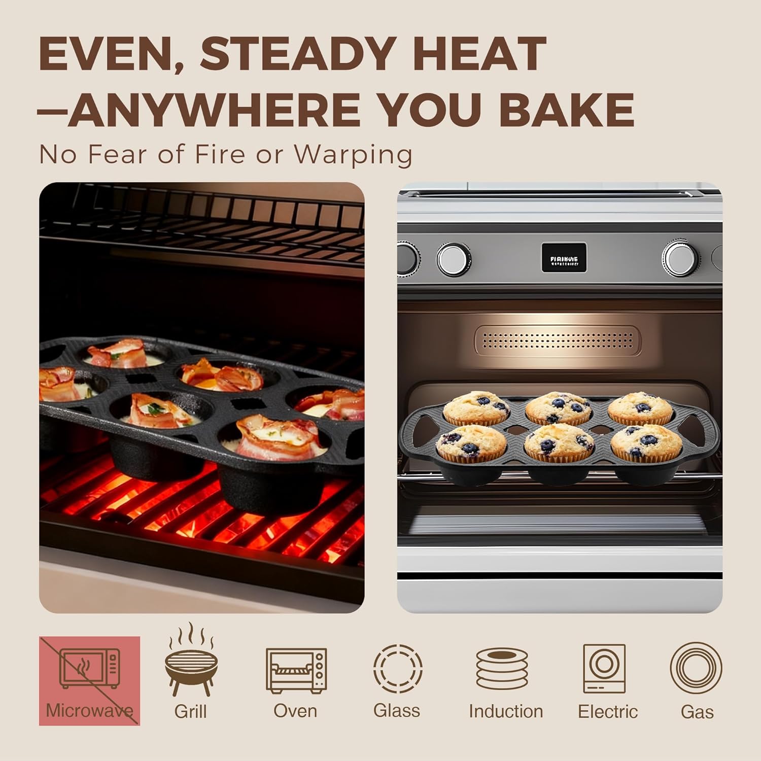 Cast iron muffin and cupcake pans with integrated handles, 6 cup, set of 2
