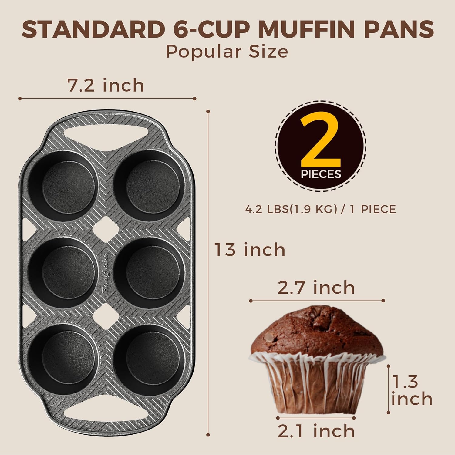 Cast iron muffin and cupcake pans with integrated handles, 6 cup, set of 2