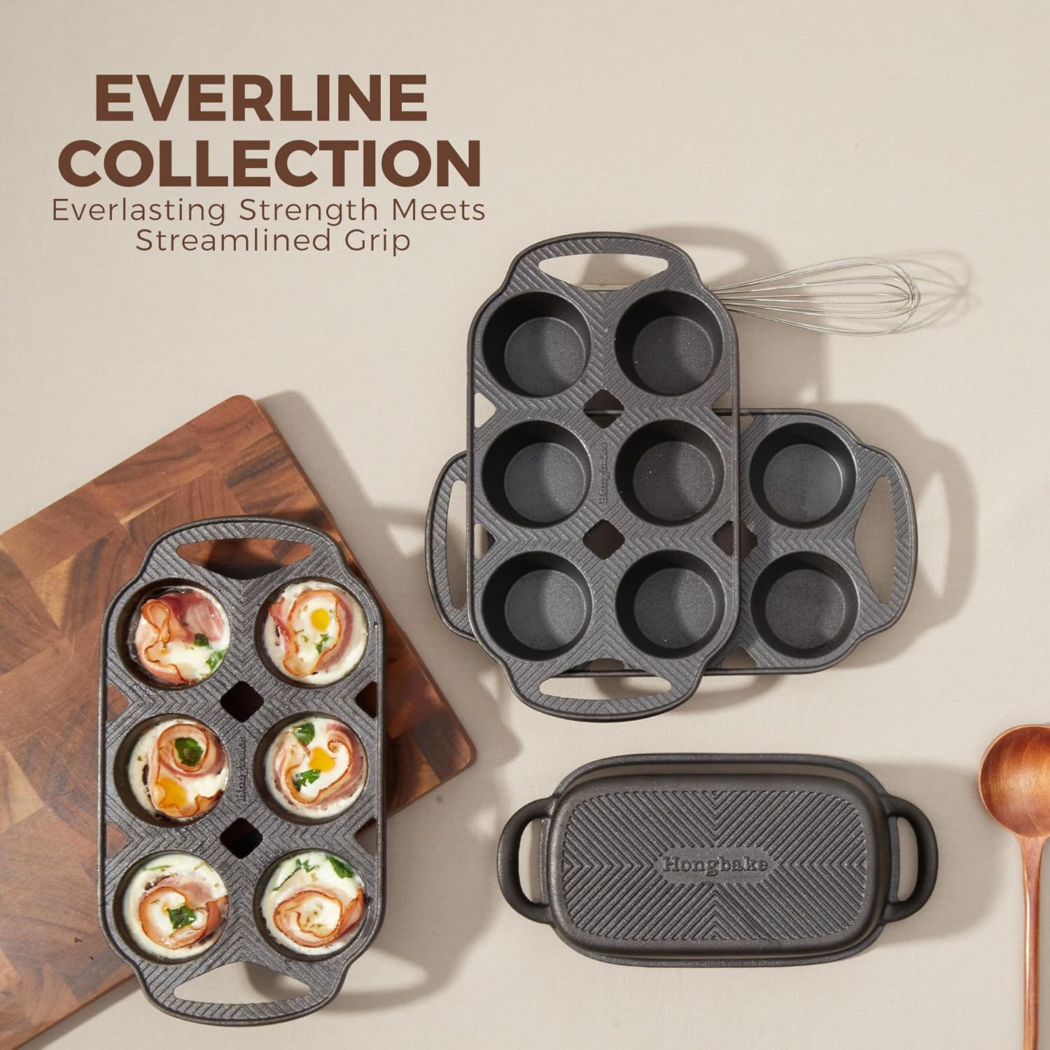 Cast iron muffin and cupcake pans with integrated handles, 6 cup, set of 2