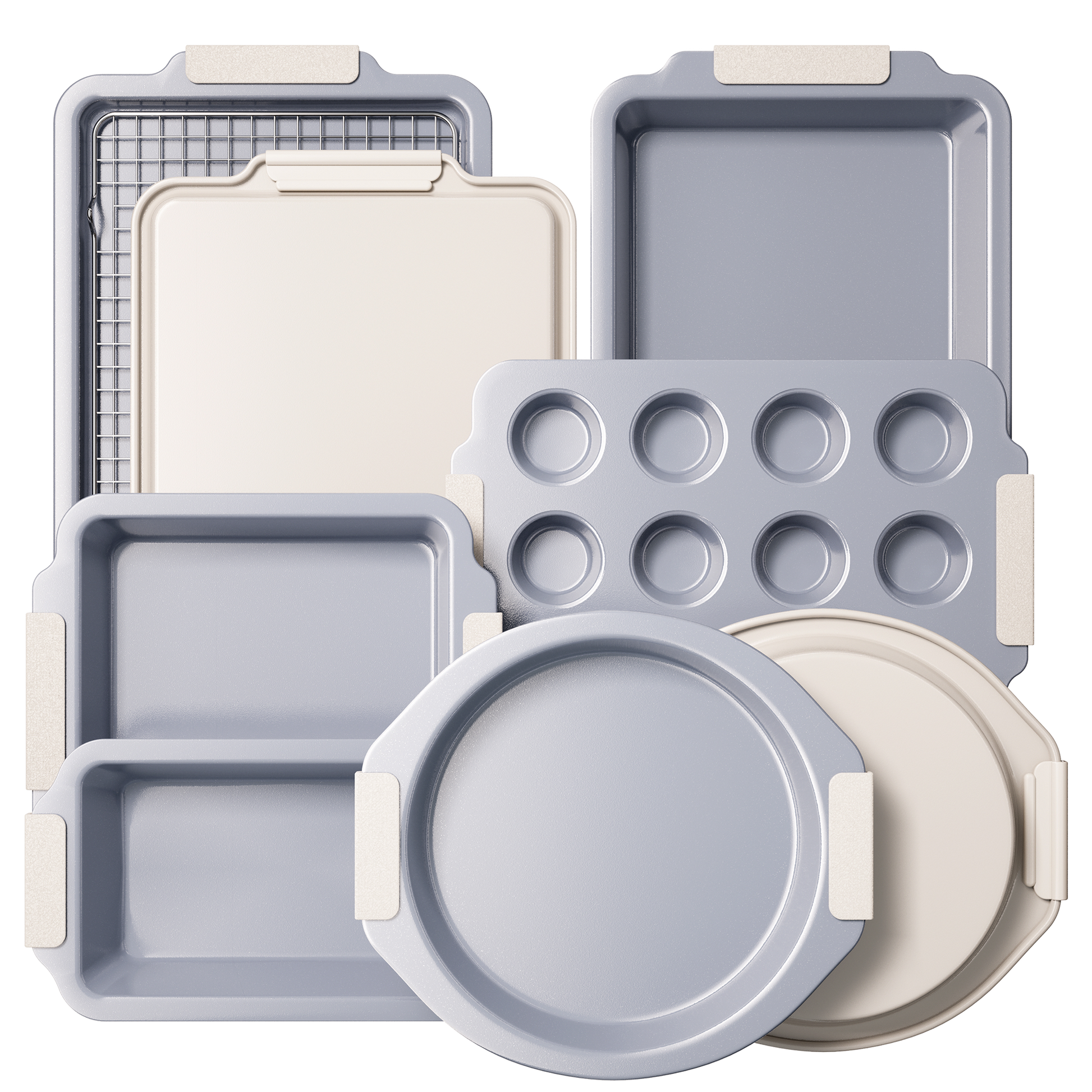 Ceramic nonstick bakeware set with multiple pans for everyday oven baking, cream