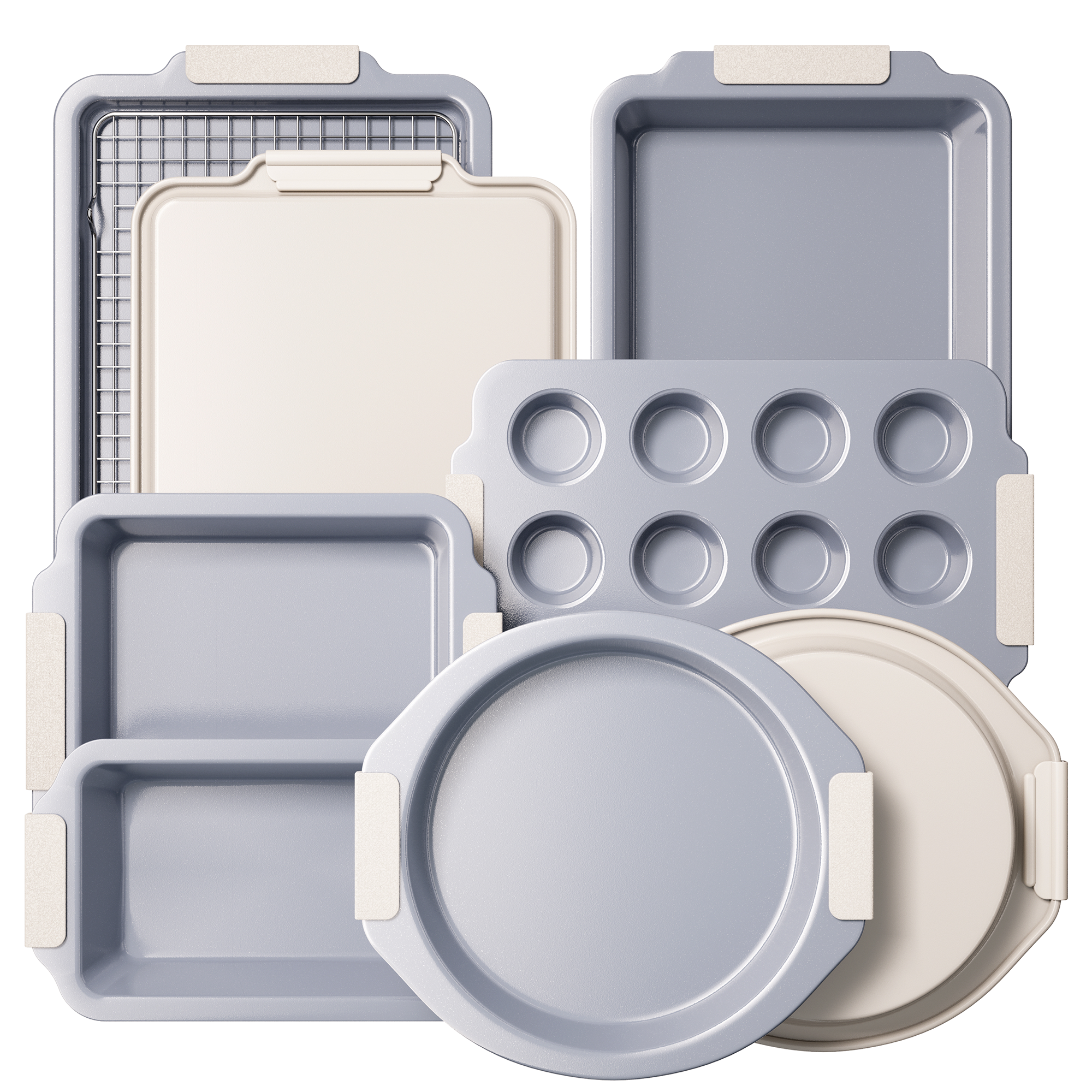 Ceramic nonstick bakeware set with multiple pans for everyday oven baking, cream