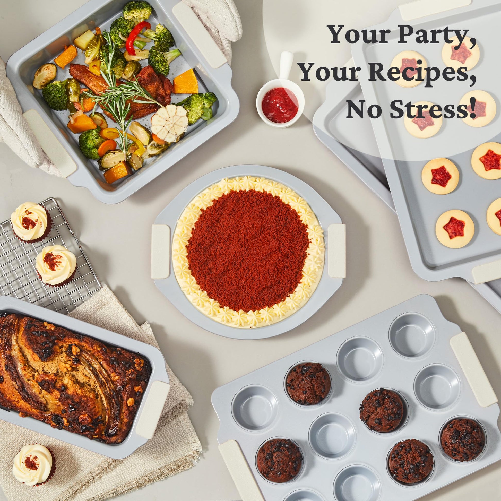 Ceramic nonstick bakeware set with multiple pans for everyday oven baking, cream