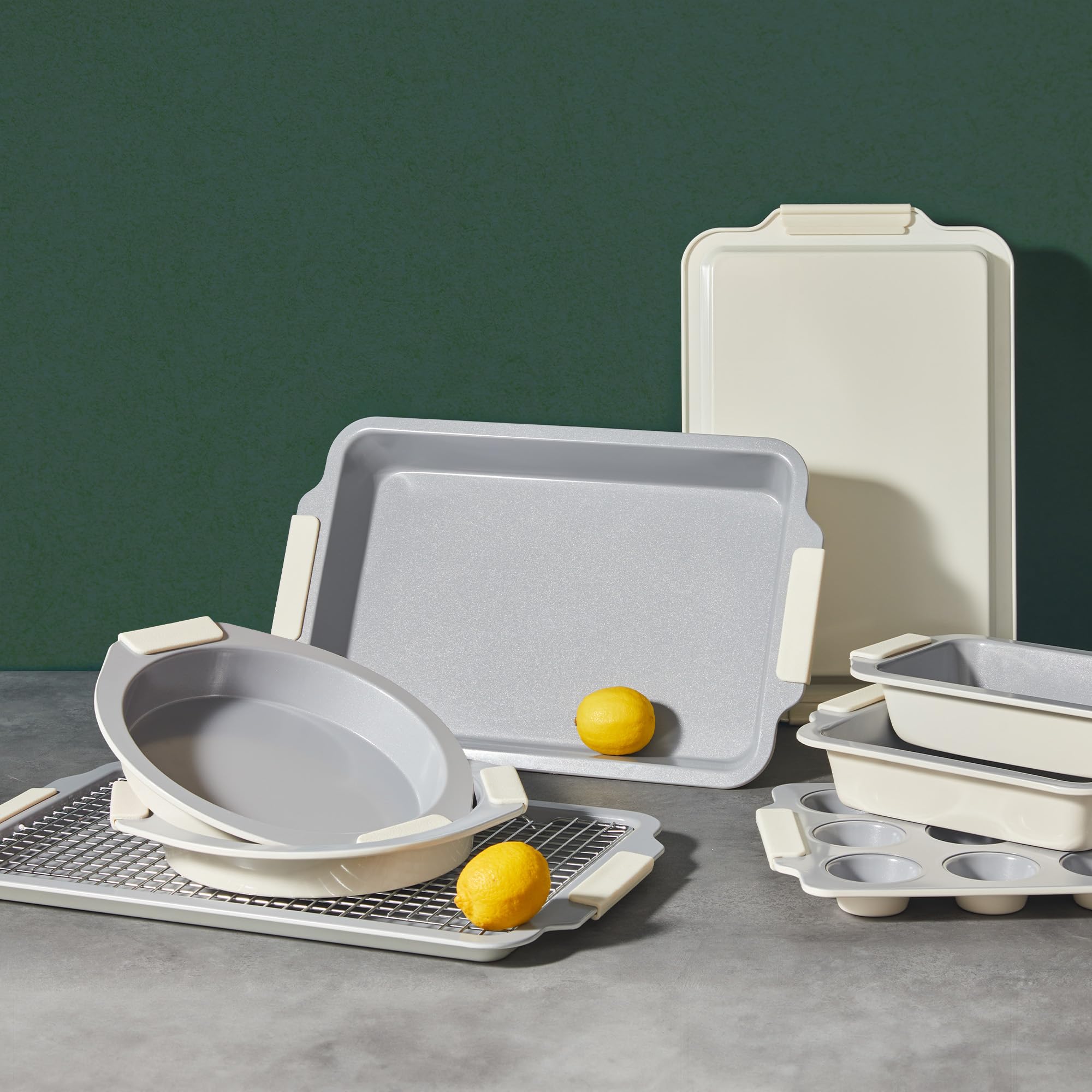 Ceramic nonstick bakeware set with multiple pans for everyday oven baking, cream