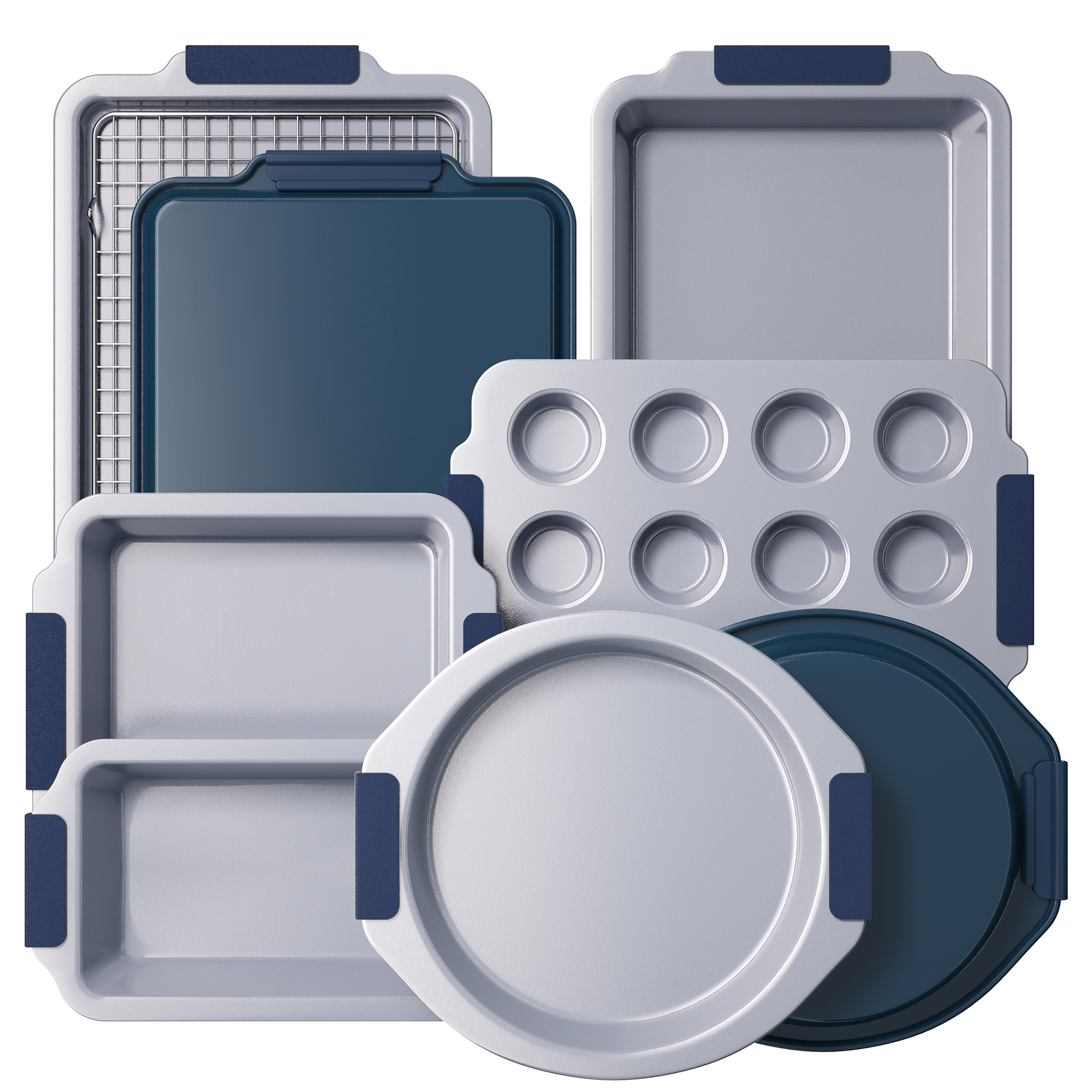 Ceramic nonstick bakeware set with multiple pans for everyday oven baking, grayish blue