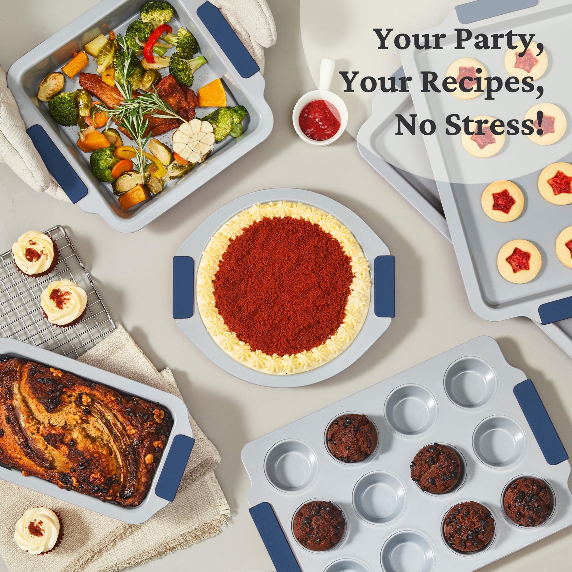 Ceramic nonstick bakeware set with multiple pans for everyday oven baking, grayish blue