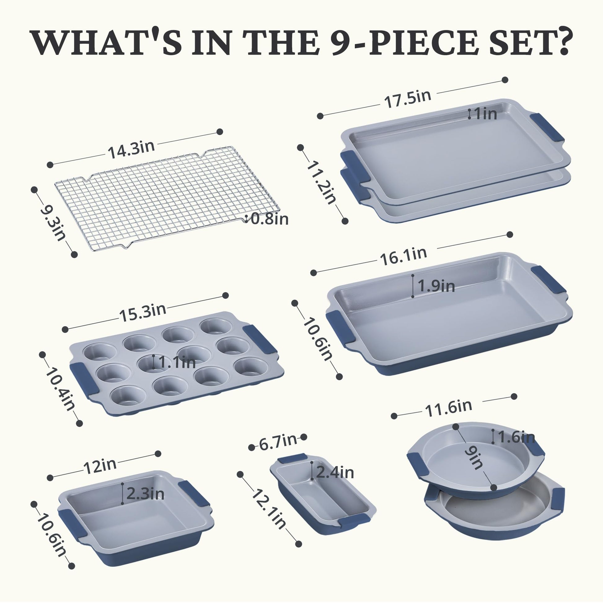 Ceramic nonstick bakeware set with multiple pans for everyday oven baking, grayish blue