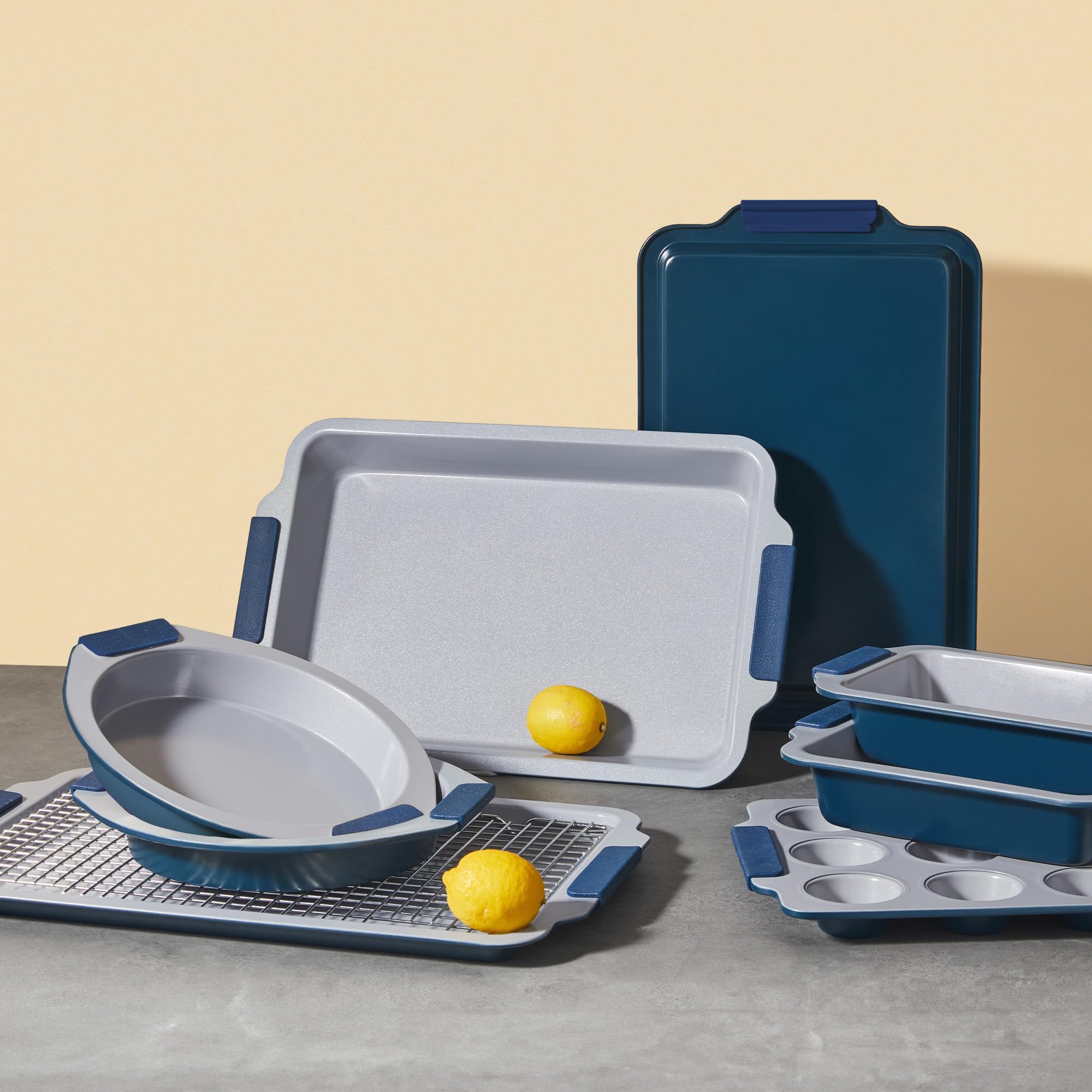 Ceramic nonstick bakeware set with multiple pans for everyday oven baking, grayish blue