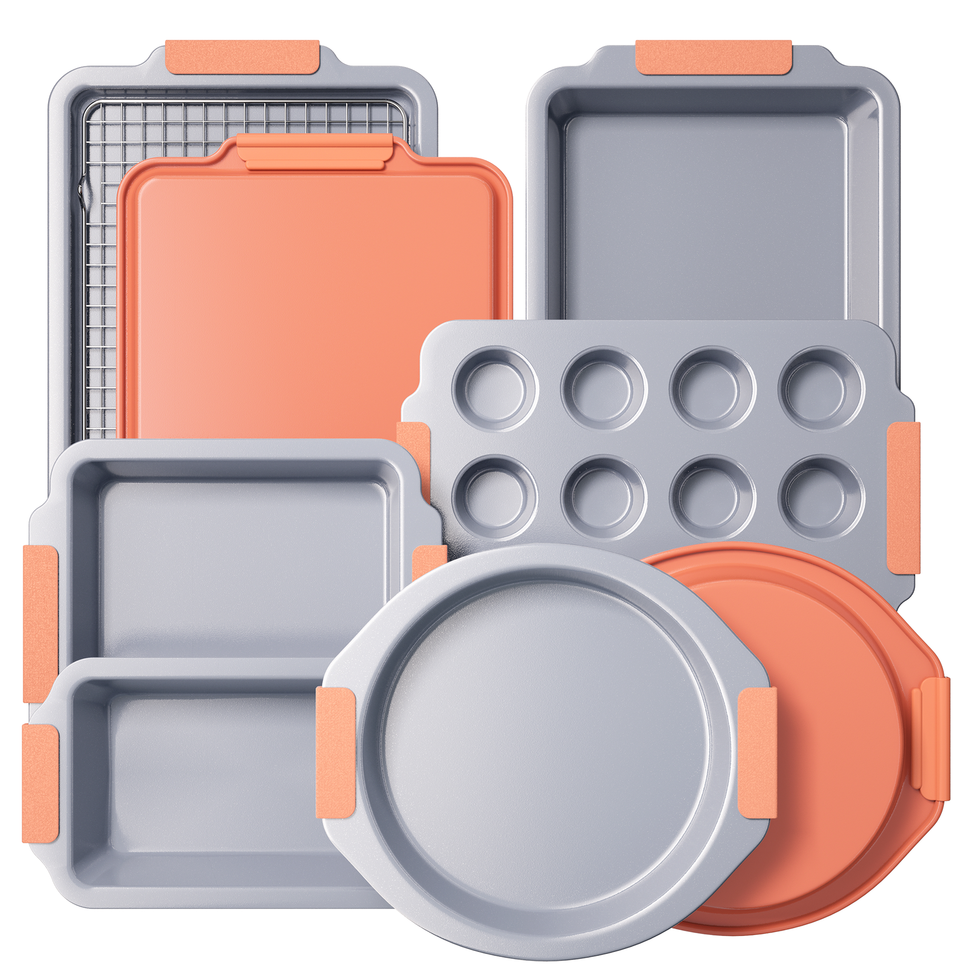 Ceramic nonstick bakeware set with multiple pans for everyday oven baking, orange