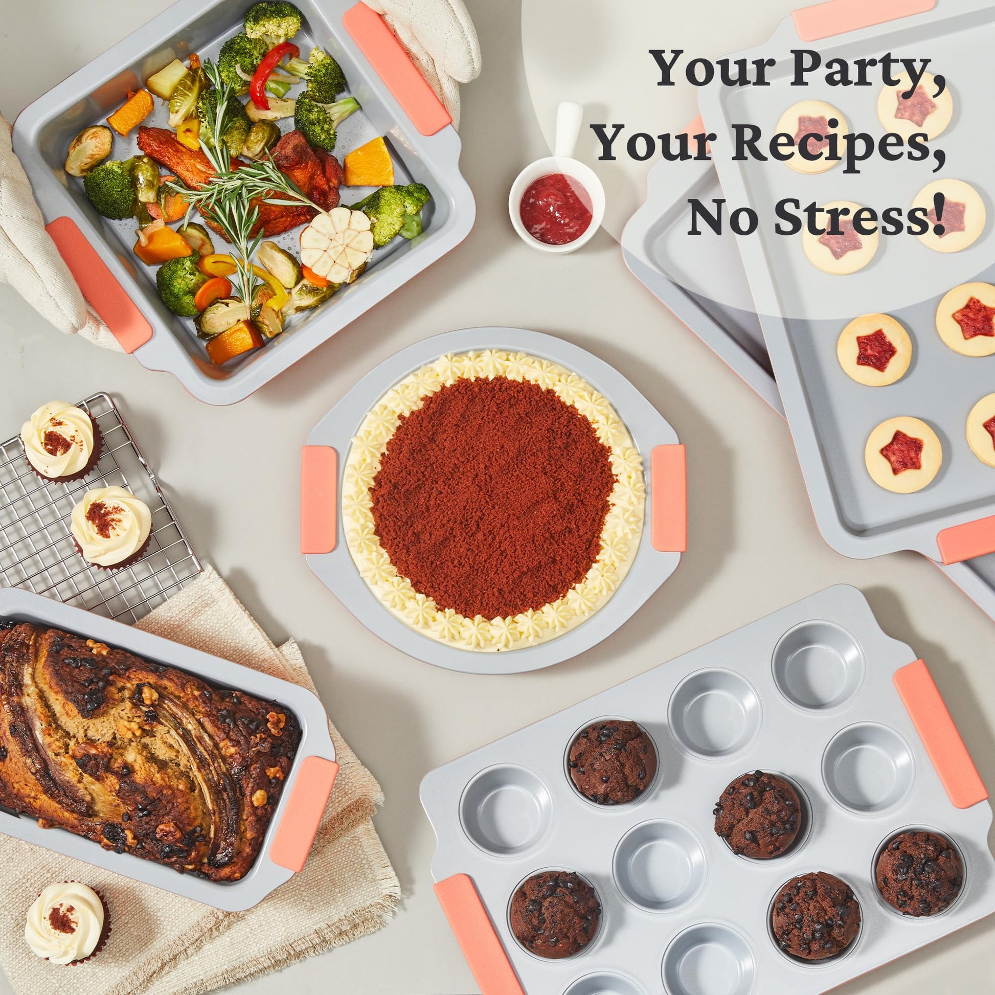 Ceramic nonstick bakeware set with multiple pans for everyday oven baking, orange