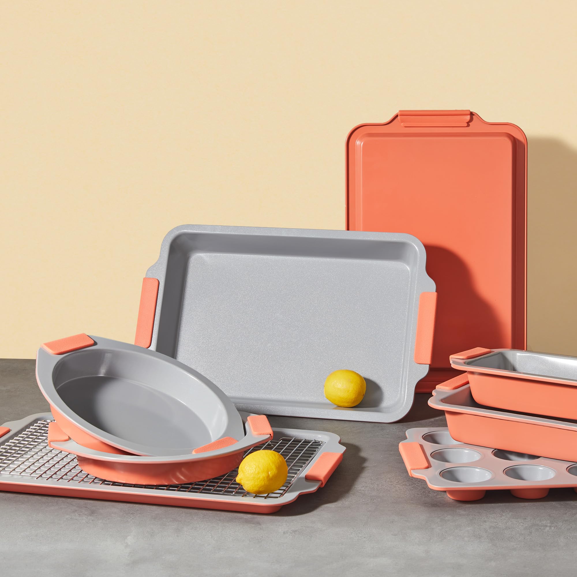 Ceramic nonstick bakeware set with multiple pans for everyday oven baking, orange