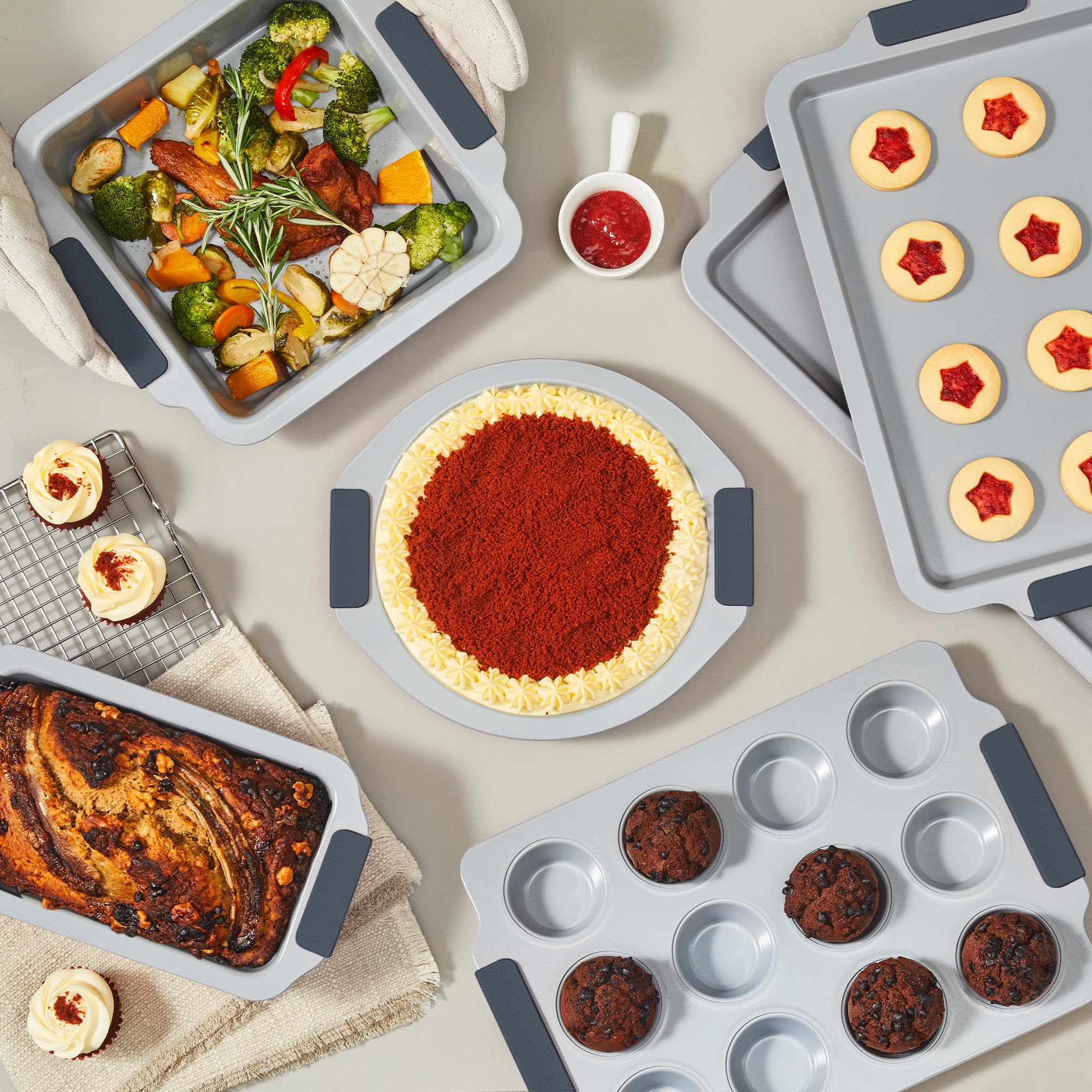 Ceramic nonstick bakeware set with multiple pans for everyday oven baking, slate gray