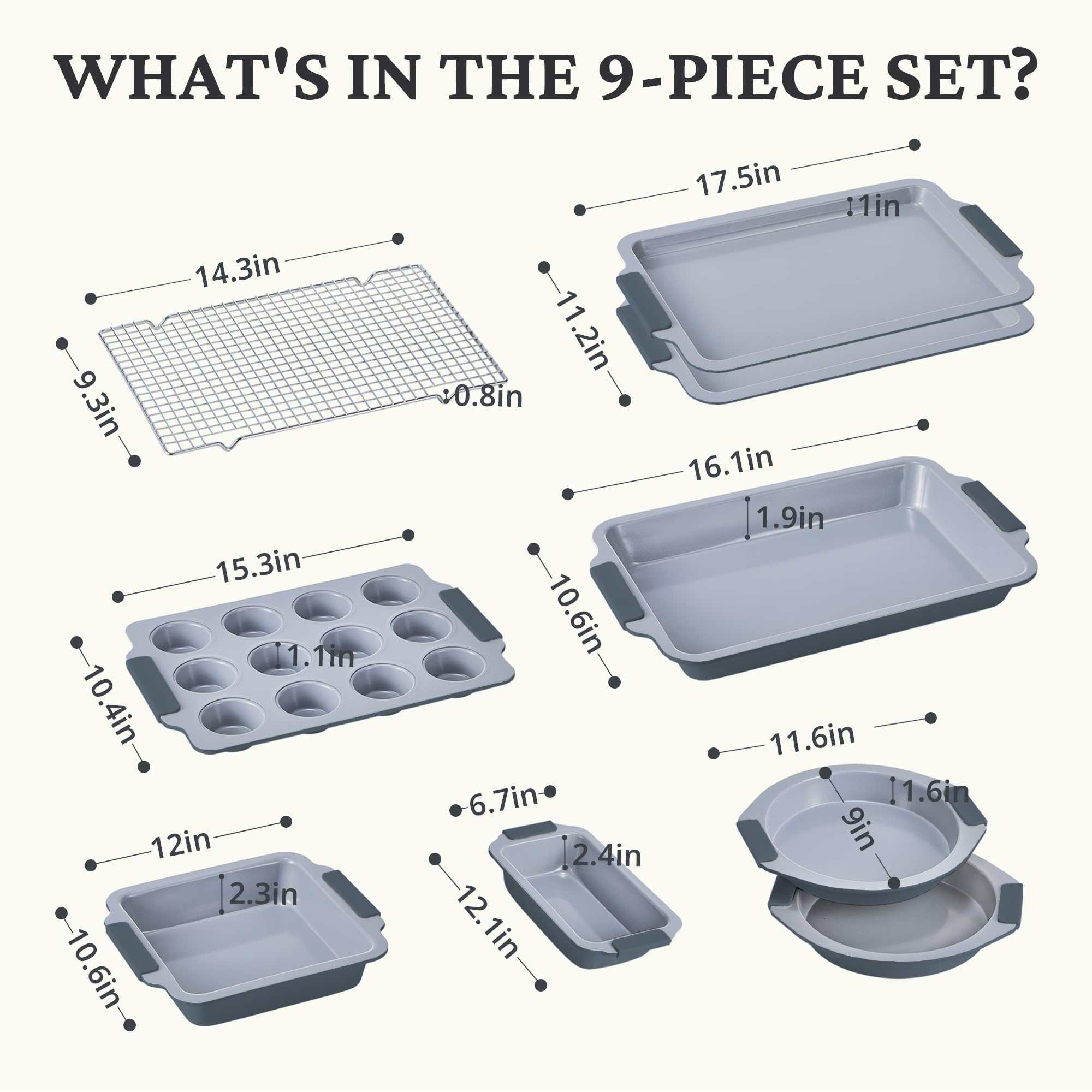 Ceramic nonstick bakeware set with multiple pans for everyday oven baking, slate gray