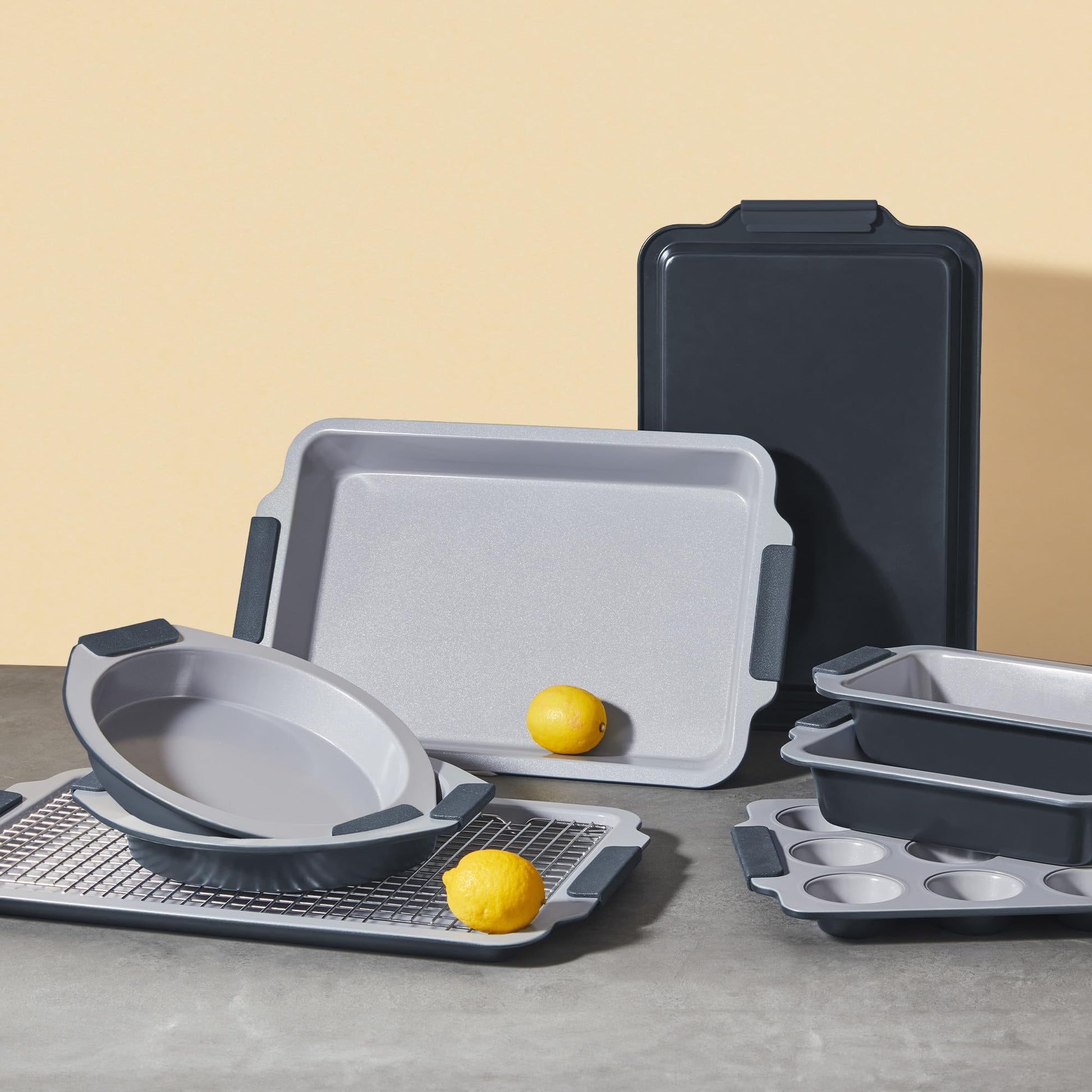 Ceramic nonstick bakeware set with multiple pans for everyday oven baking, slate gray