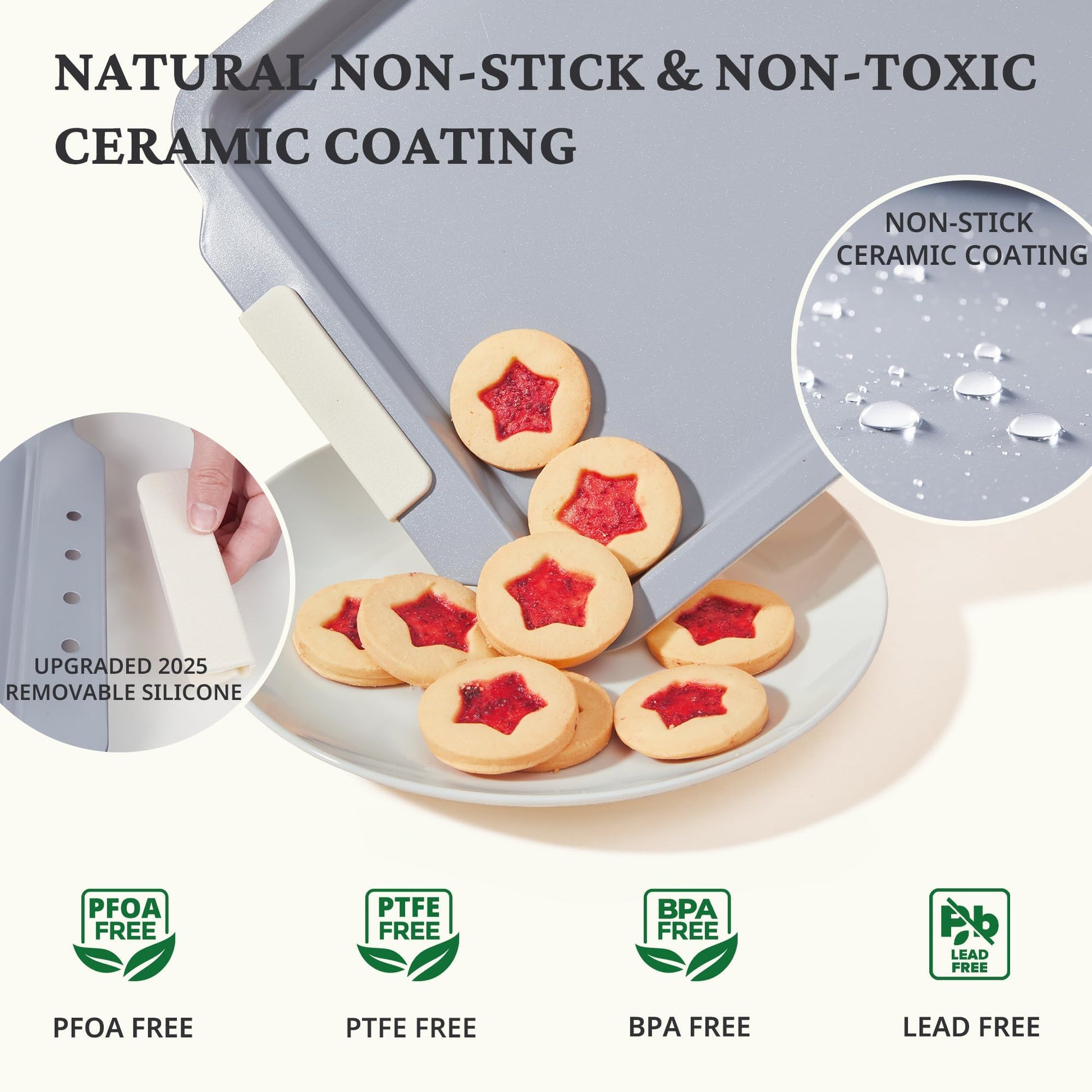 Ceramic nonstick baking sheet set with half, jelly roll, and quarter pans, cream