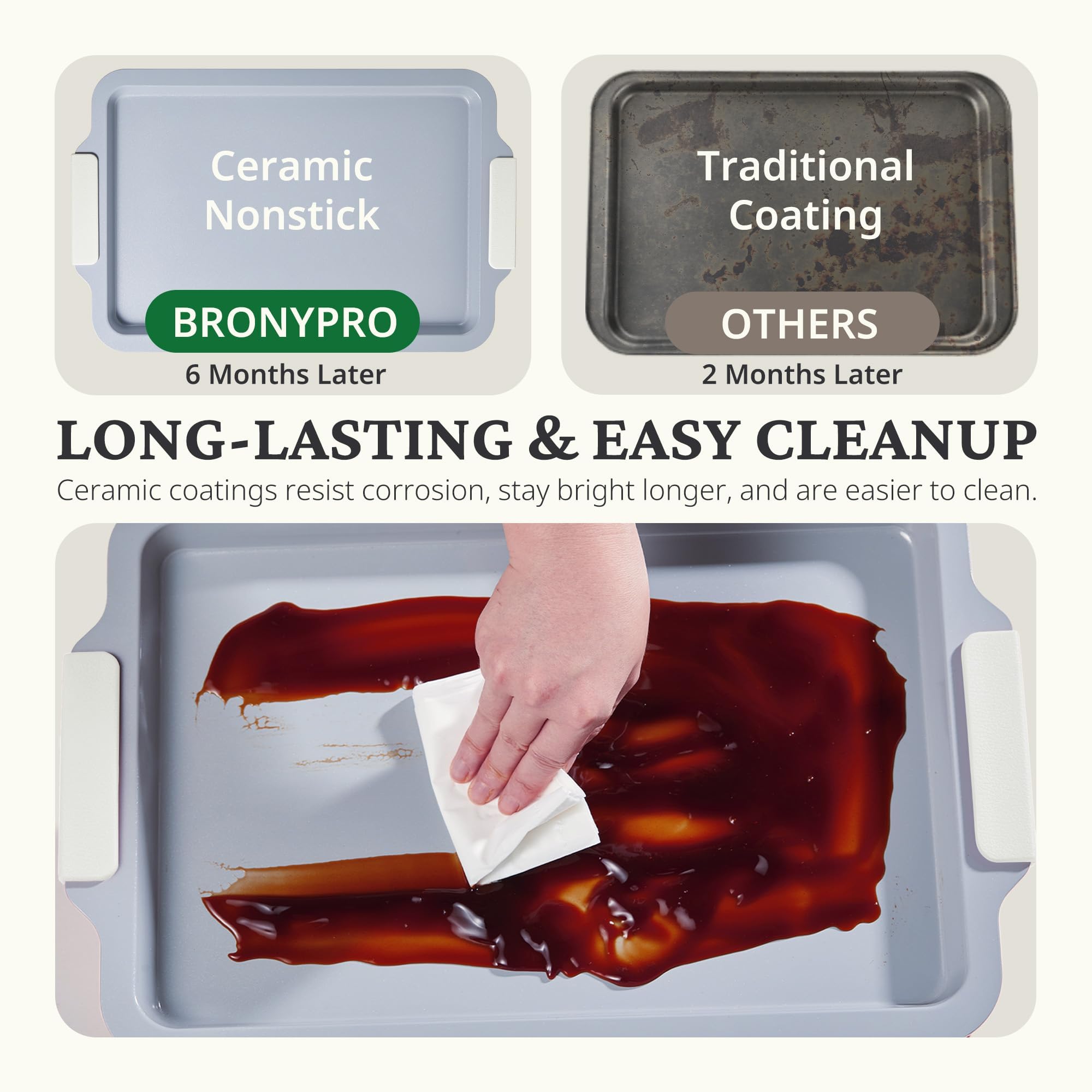 Ceramic nonstick baking sheet set with half, jelly roll, and quarter pans, cream