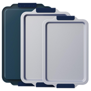 Ceramic nonstick baking sheet set with half, jelly roll, and quarter pans, grayish blue