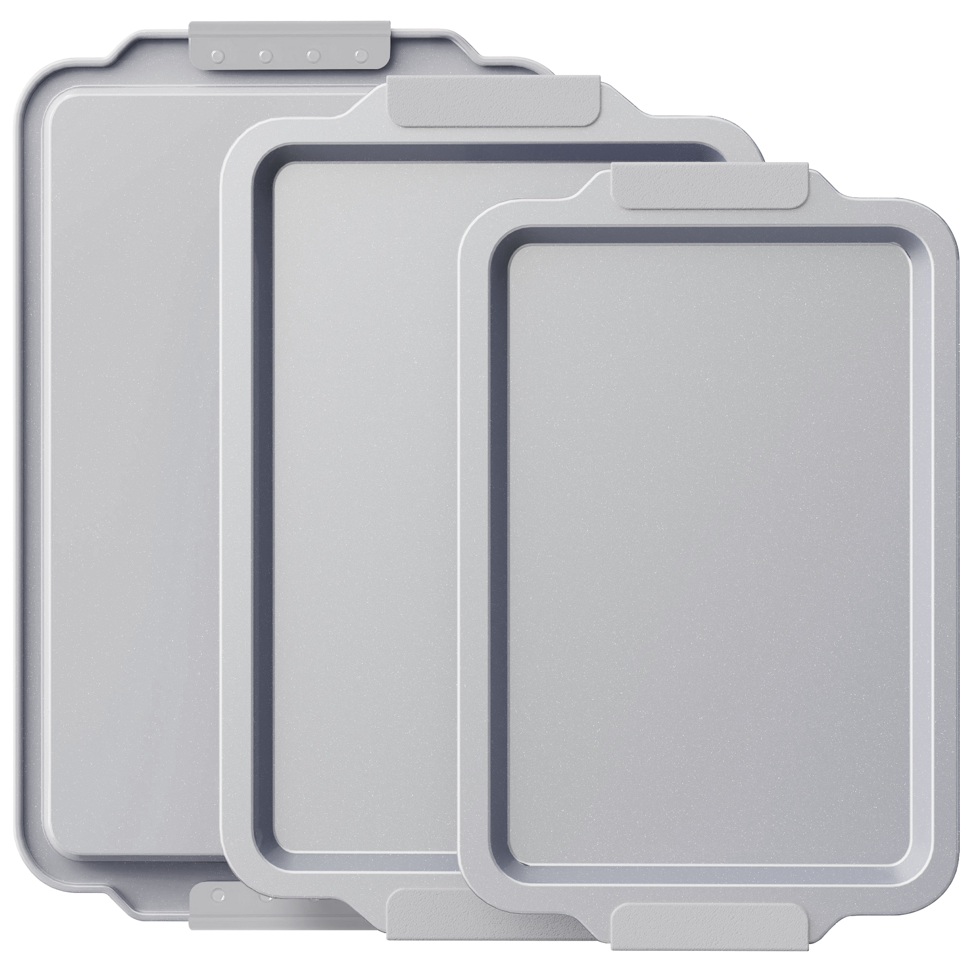 Ceramic nonstick baking sheet set with half, jelly roll, and quarter pans, light gray