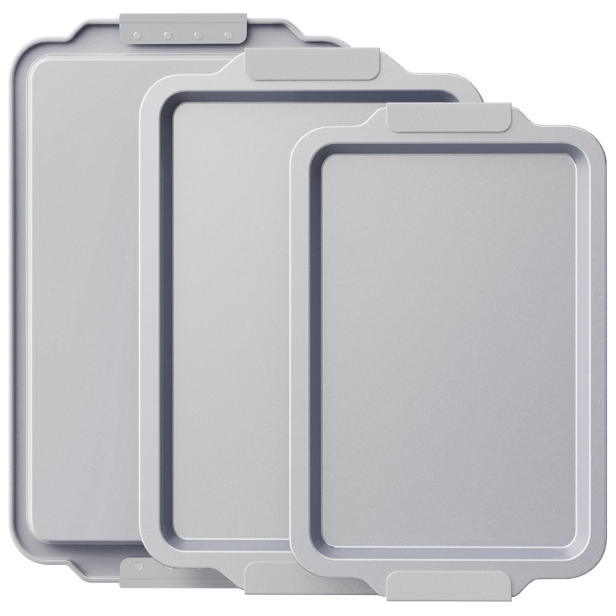 Ceramic nonstick baking sheet set with half, jelly roll, and quarter pans, light gray