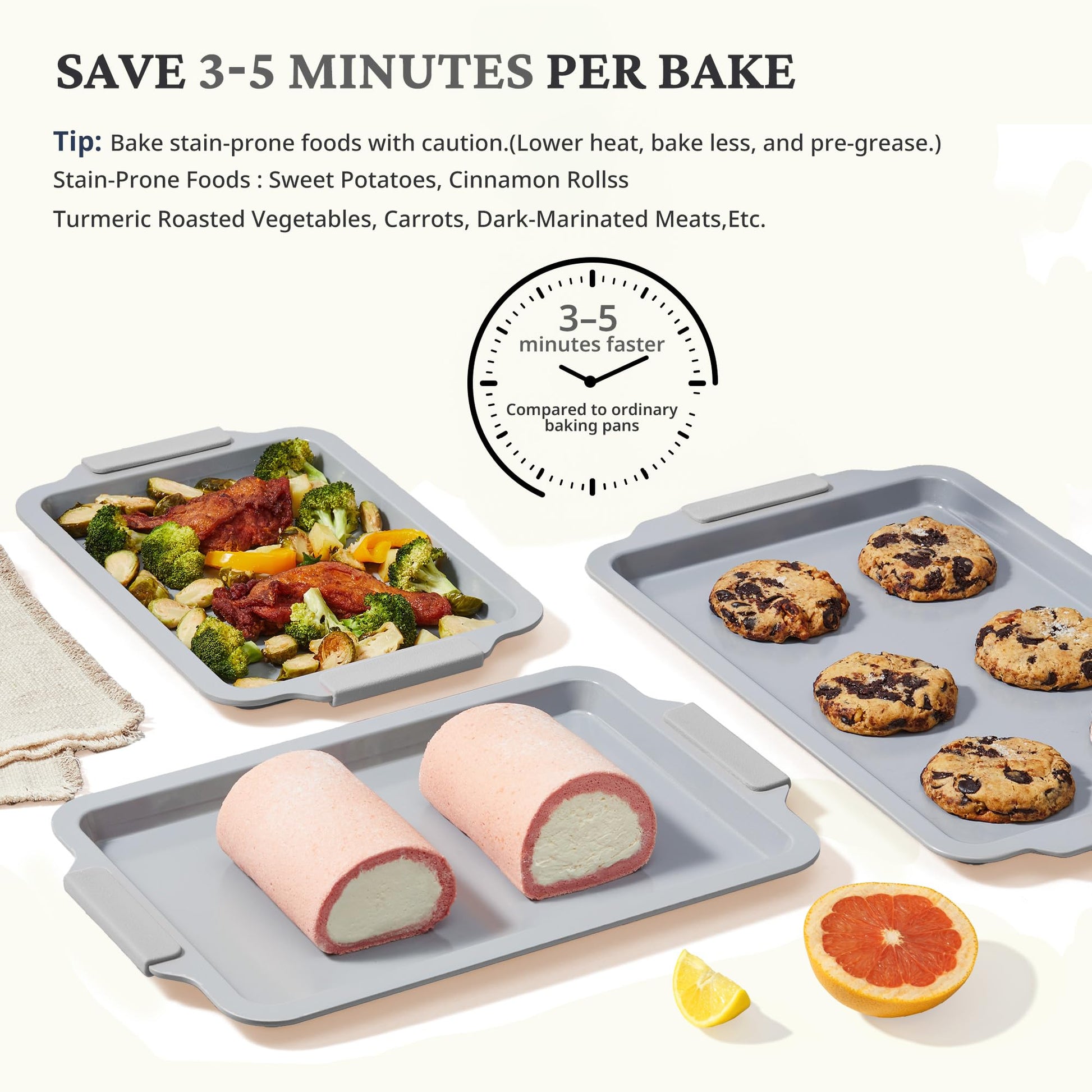 Ceramic nonstick baking sheet set with half, jelly roll, and quarter pans, light gray