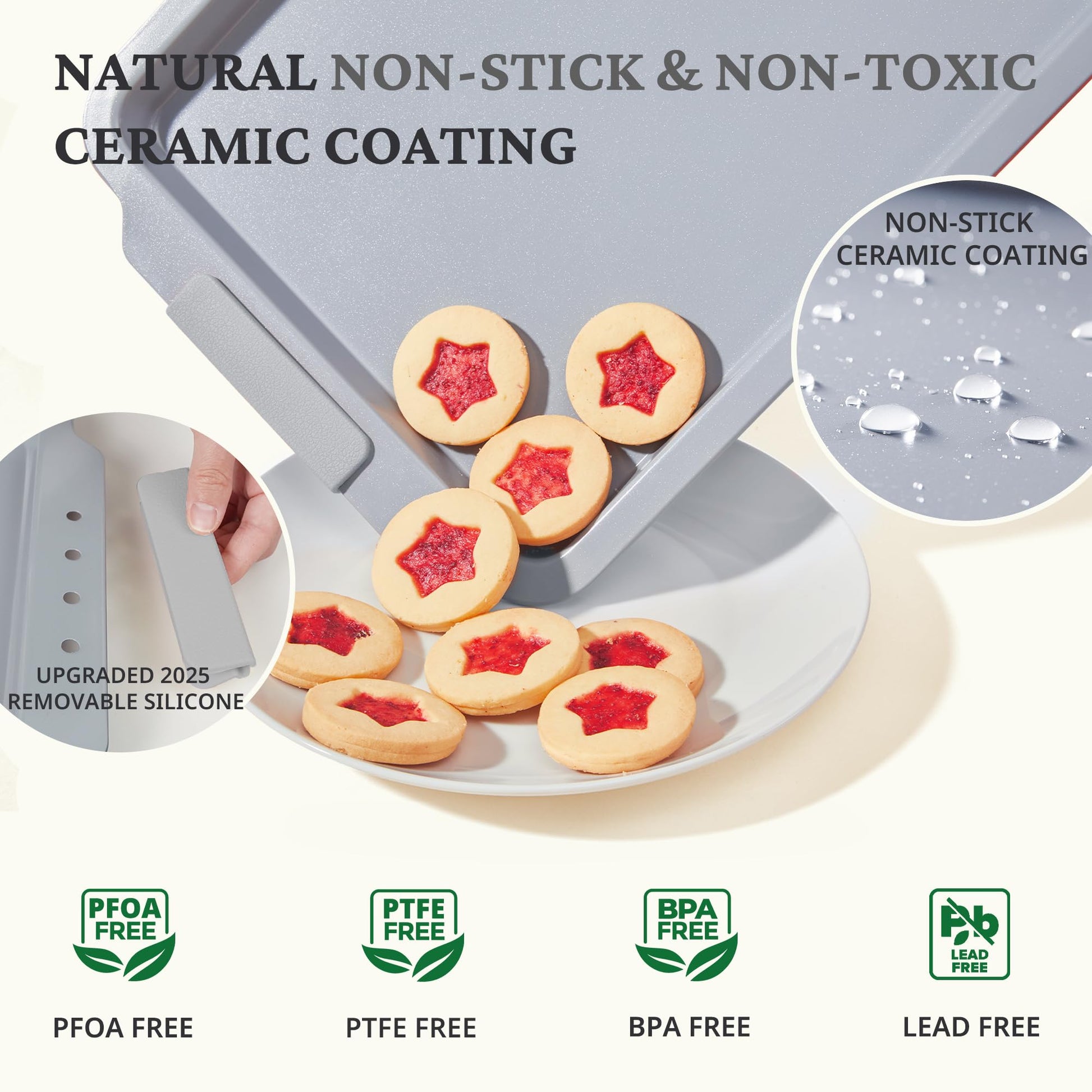 Ceramic nonstick baking sheet set with half, jelly roll, and quarter pans, light gray