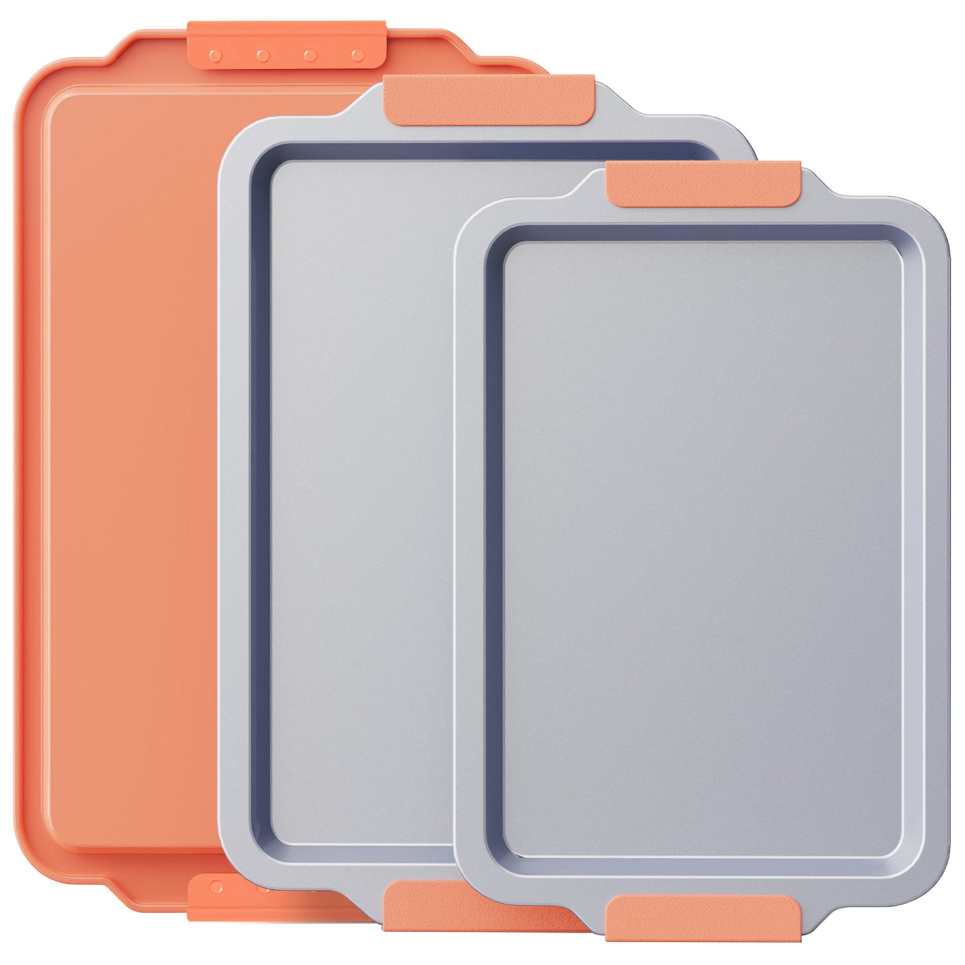 Ceramic nonstick baking sheet set with half, jelly roll, and quarter pans, orange