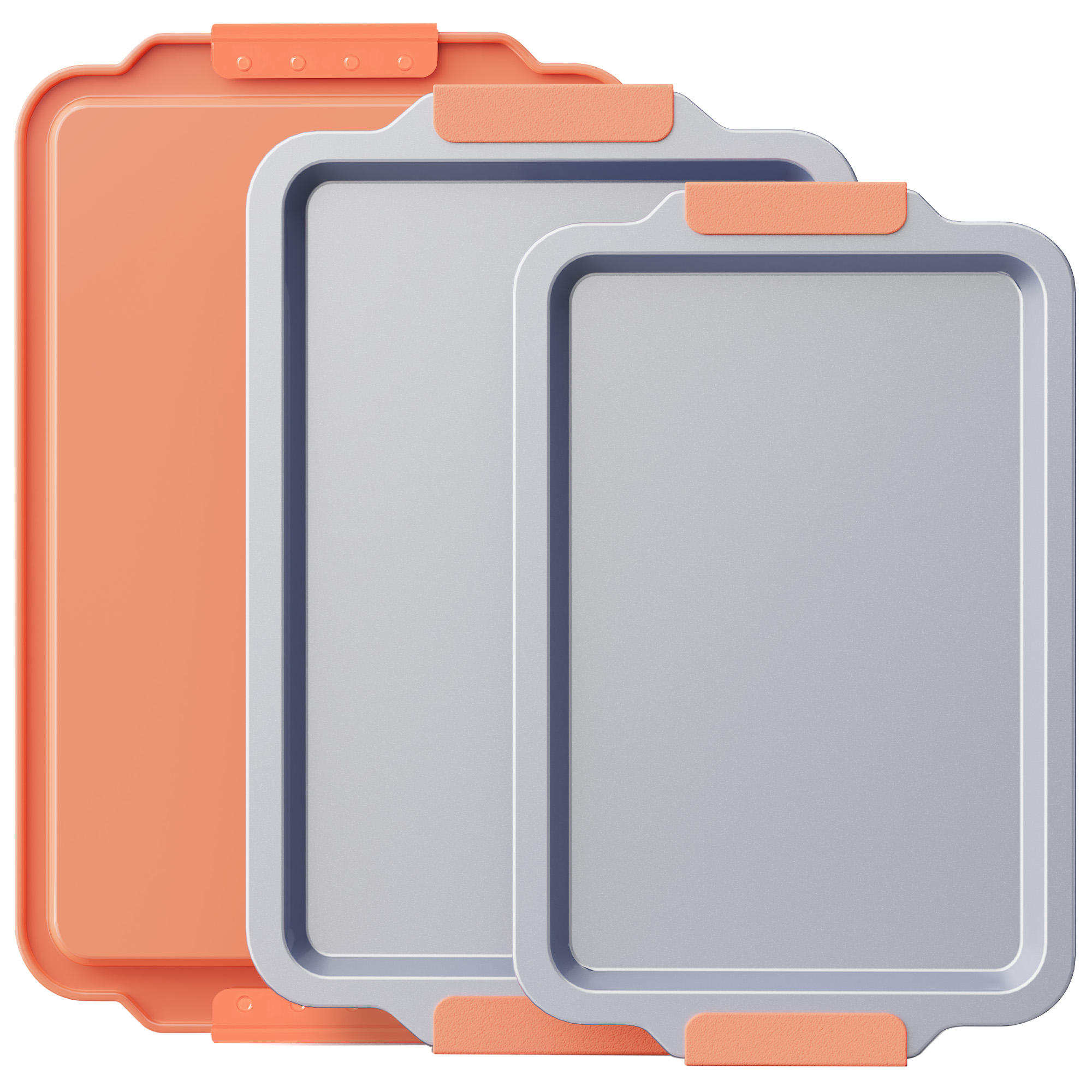 Ceramic nonstick baking sheet set with half, jelly roll, and quarter pans, orange