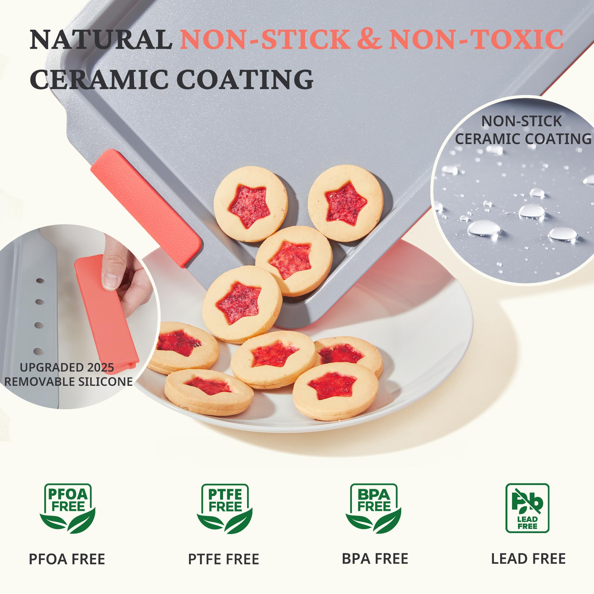 Ceramic nonstick baking sheet set with half, jelly roll, and quarter pans, orange