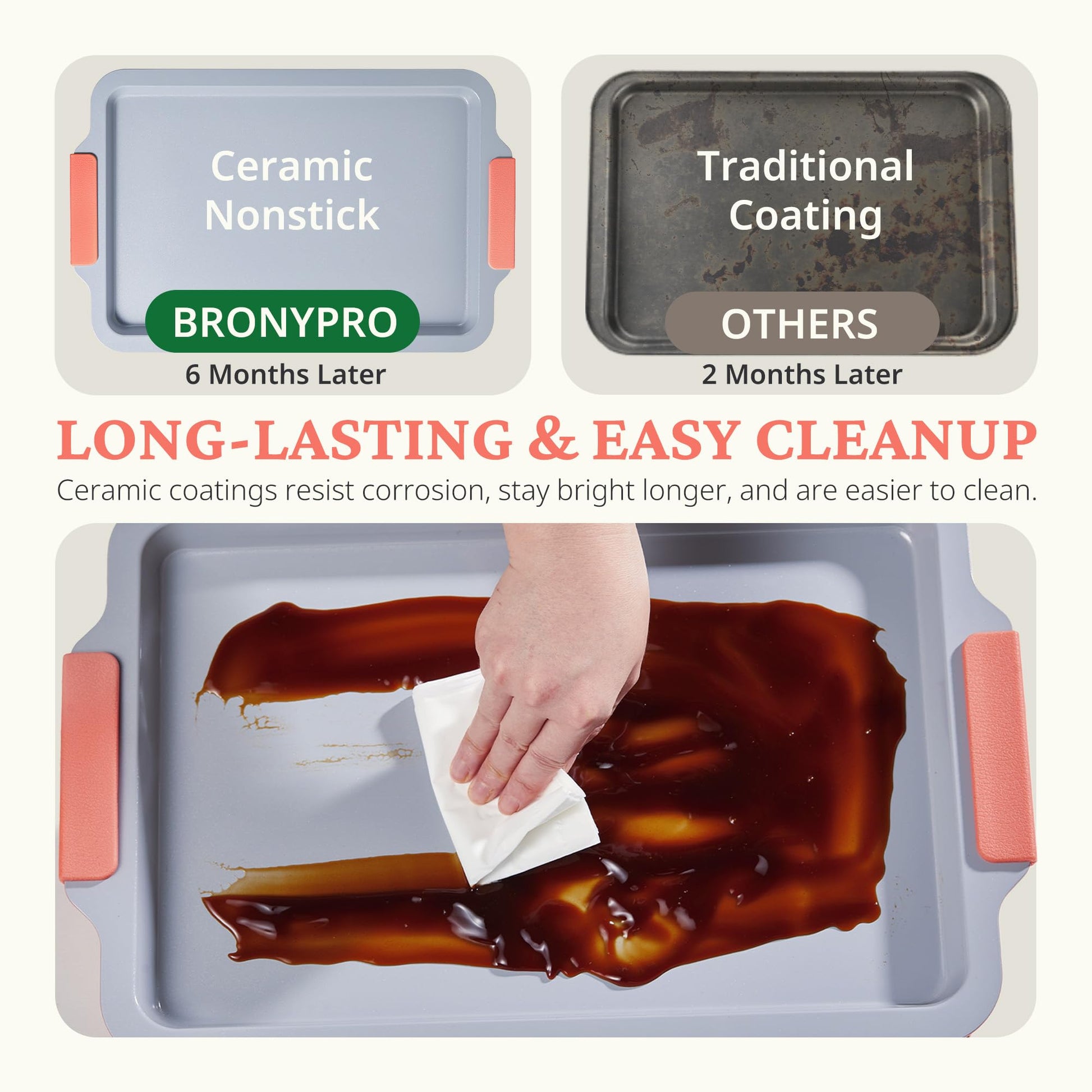 Ceramic nonstick baking sheet set with half, jelly roll, and quarter pans, orange