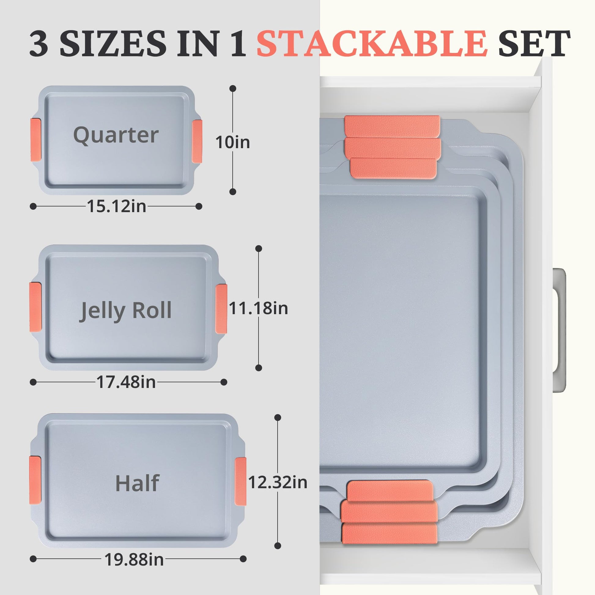 Ceramic nonstick baking sheet set with half, jelly roll, and quarter pans, orange