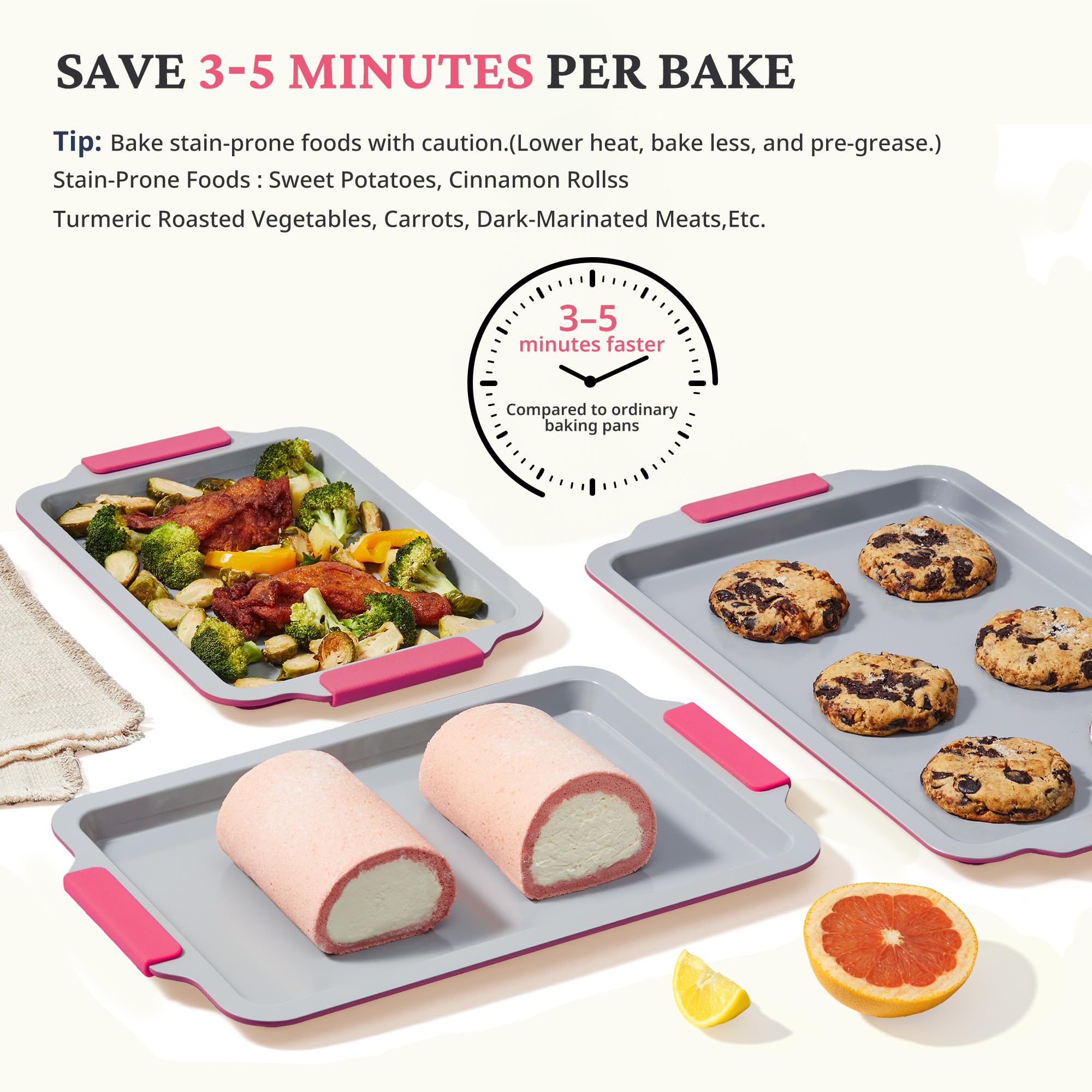 Ceramic nonstick baking sheet set with half, jelly roll, and quarter pans, rose