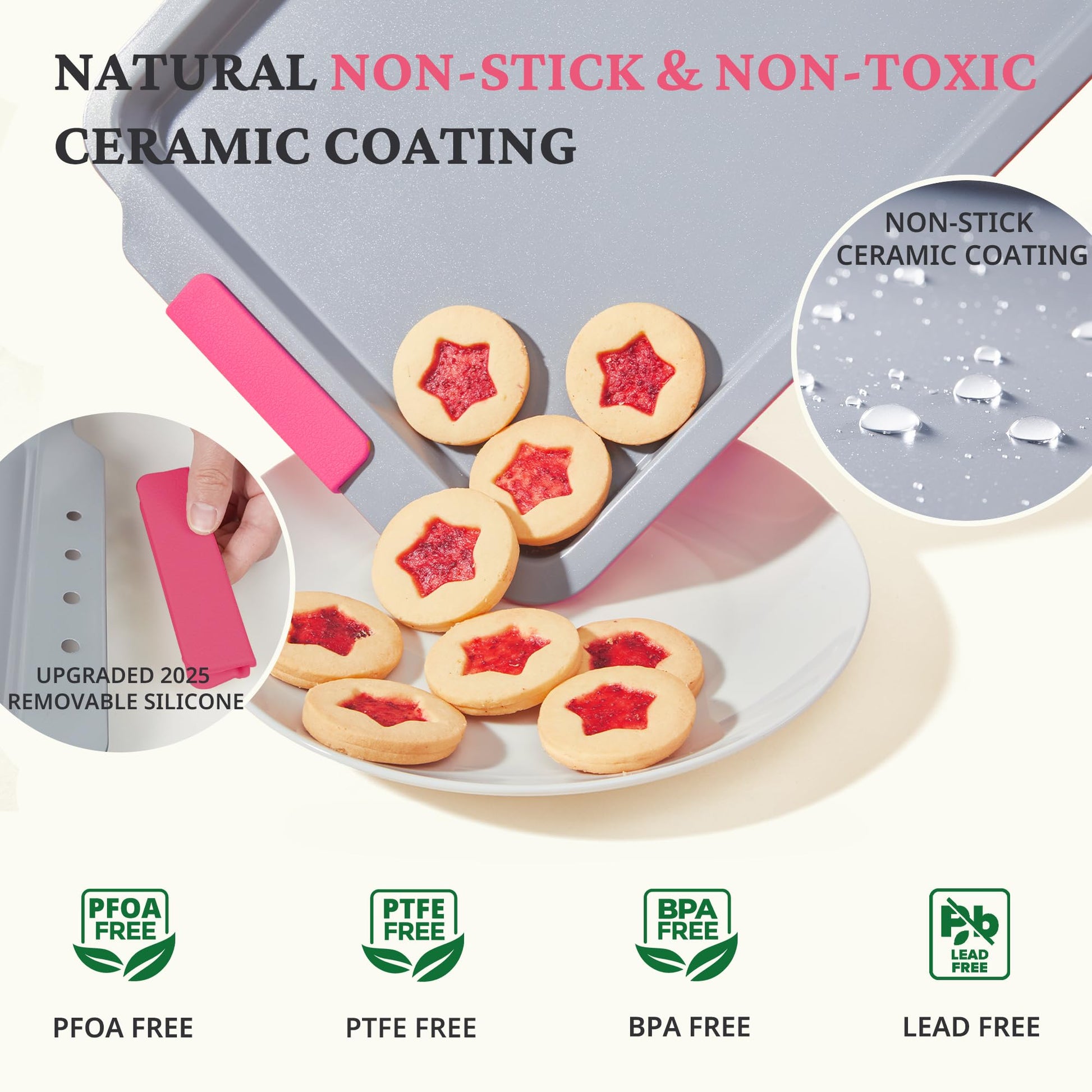 Ceramic nonstick baking sheet set with half, jelly roll, and quarter pans, rose