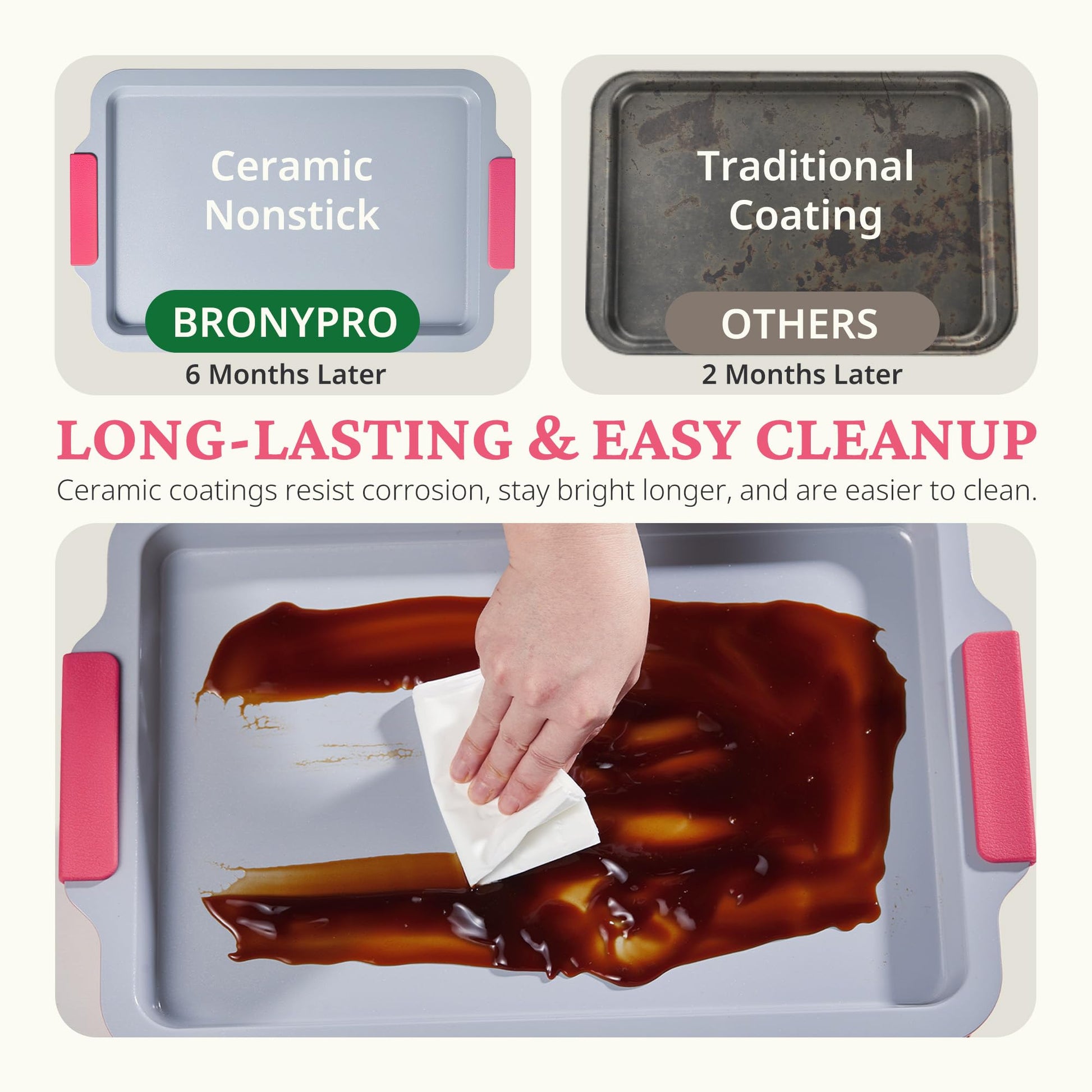 Ceramic nonstick baking sheet set with half, jelly roll, and quarter pans, rose