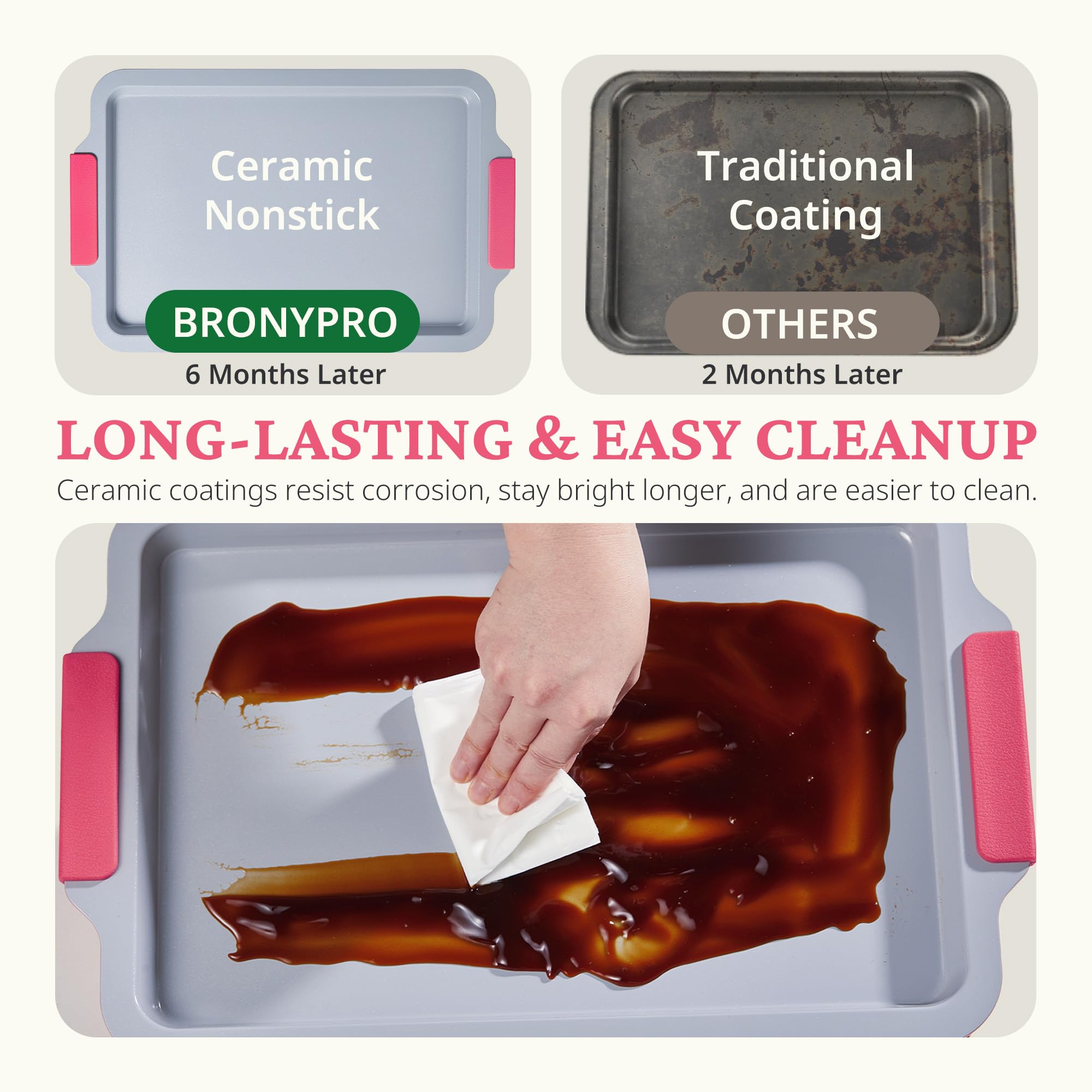 Ceramic nonstick baking sheet set with half, jelly roll, and quarter pans, rose