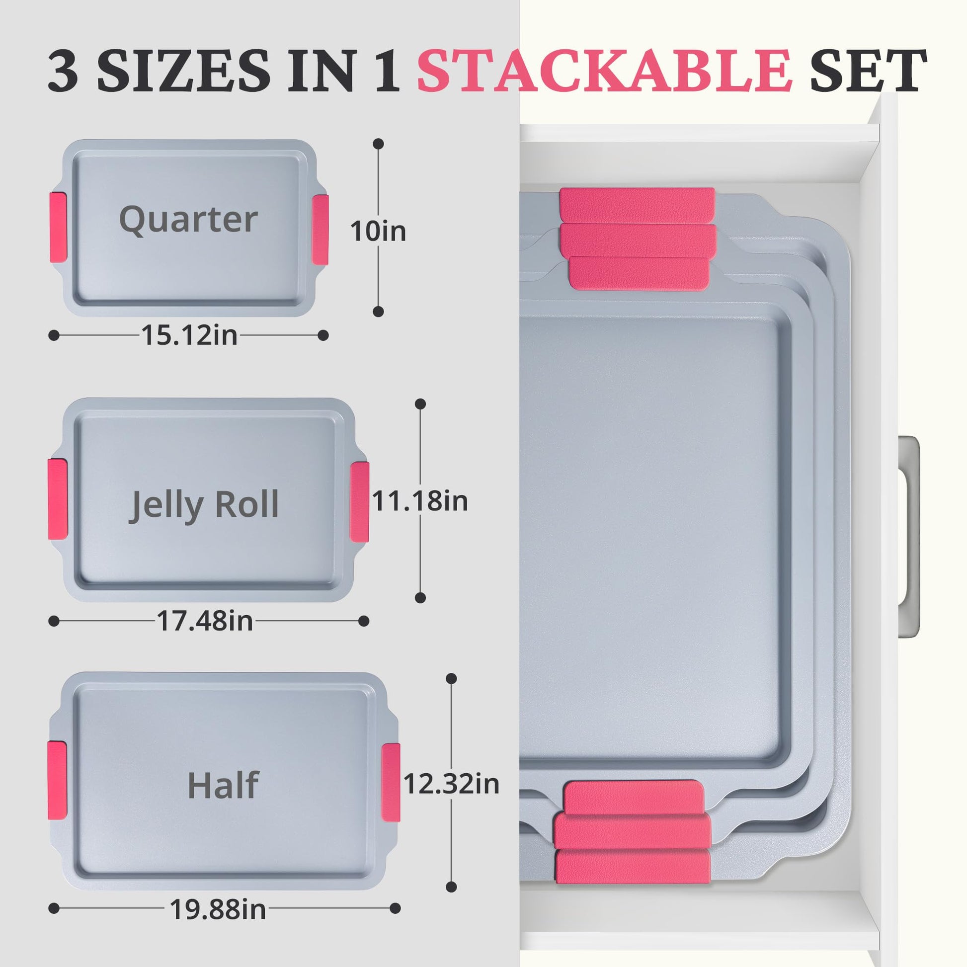 Ceramic nonstick baking sheet set with half, jelly roll, and quarter pans, rose