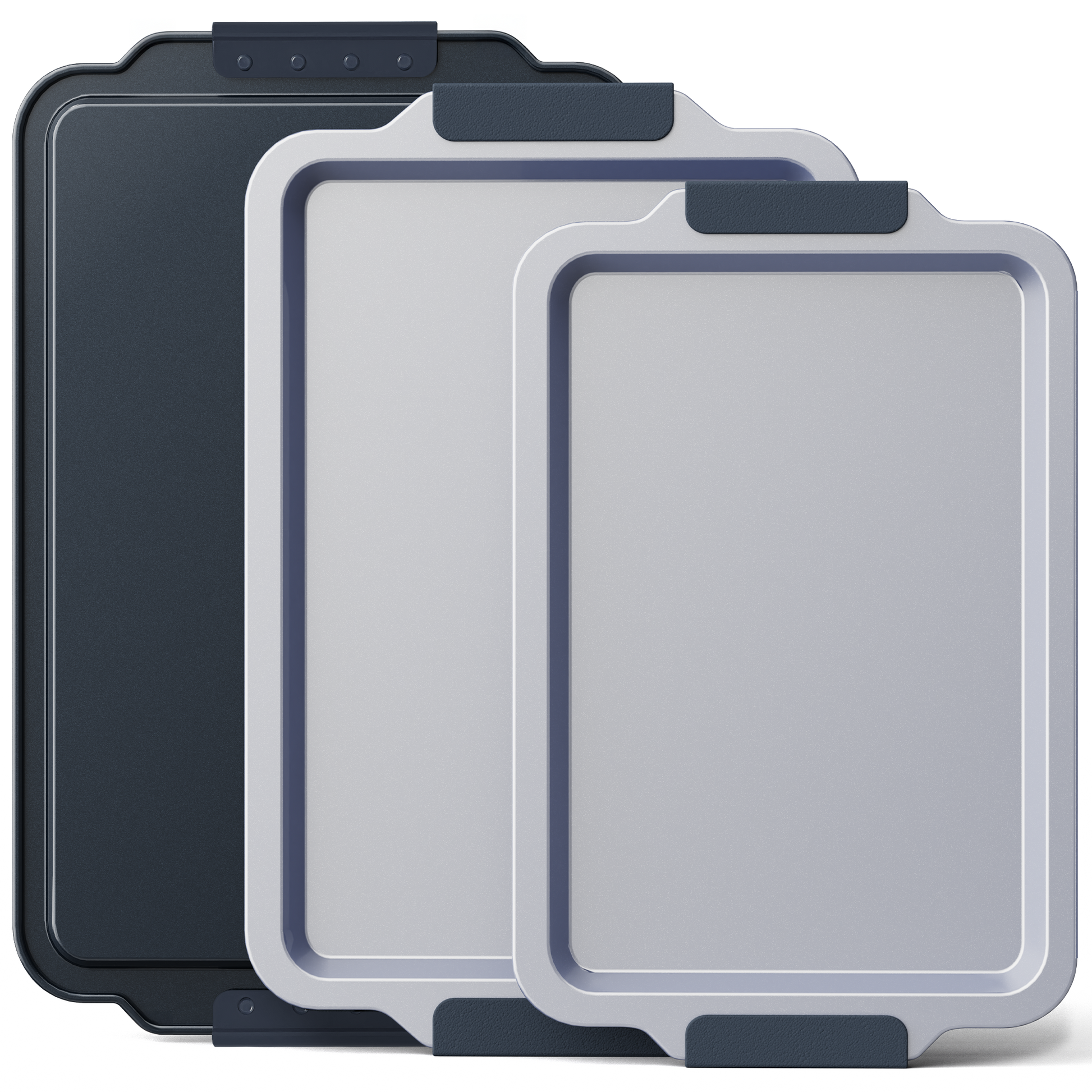 Ceramic nonstick baking sheet set with half, jelly roll, and quarter pans, slate gray