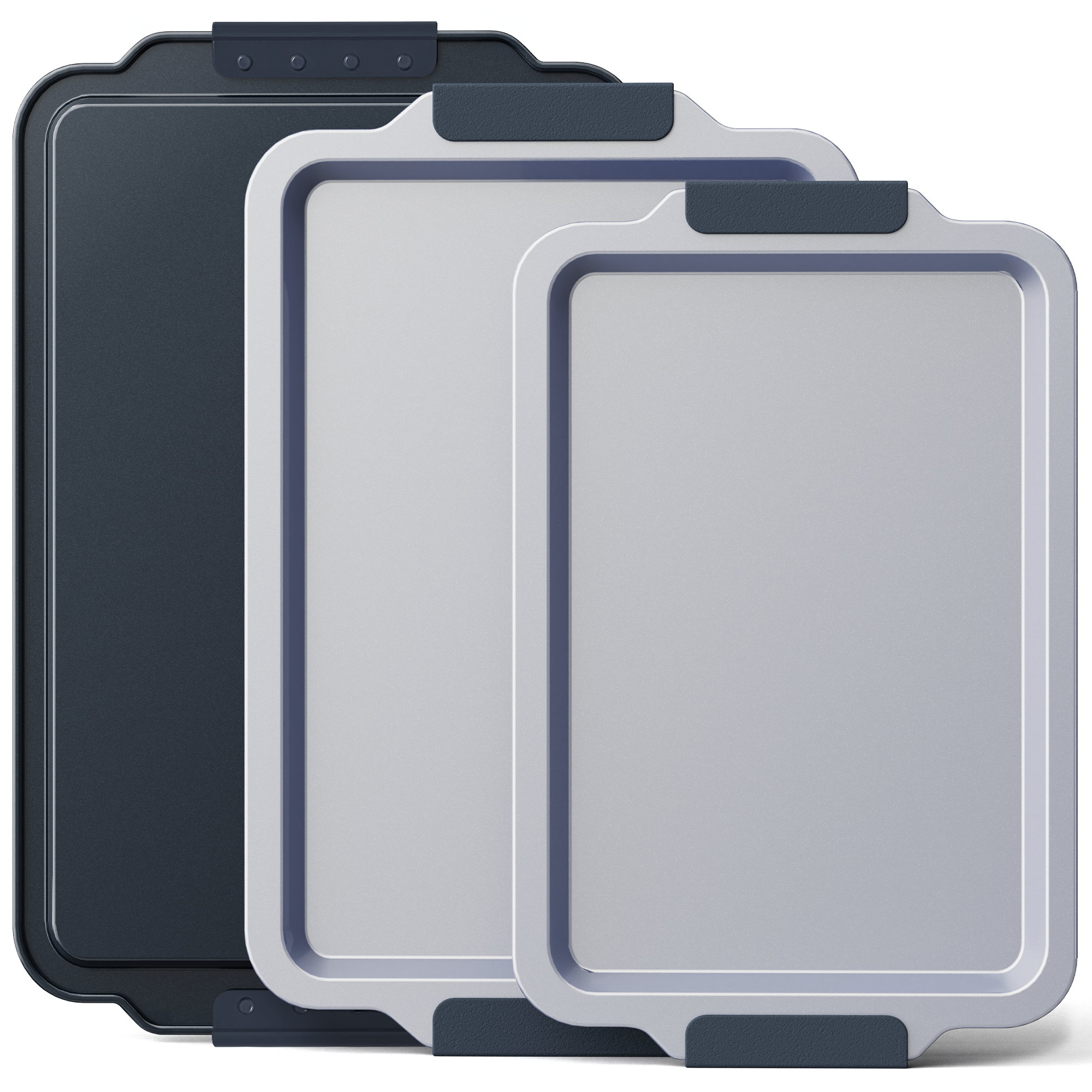 Ceramic nonstick baking sheet set with half, jelly roll, and quarter pans, slate gray