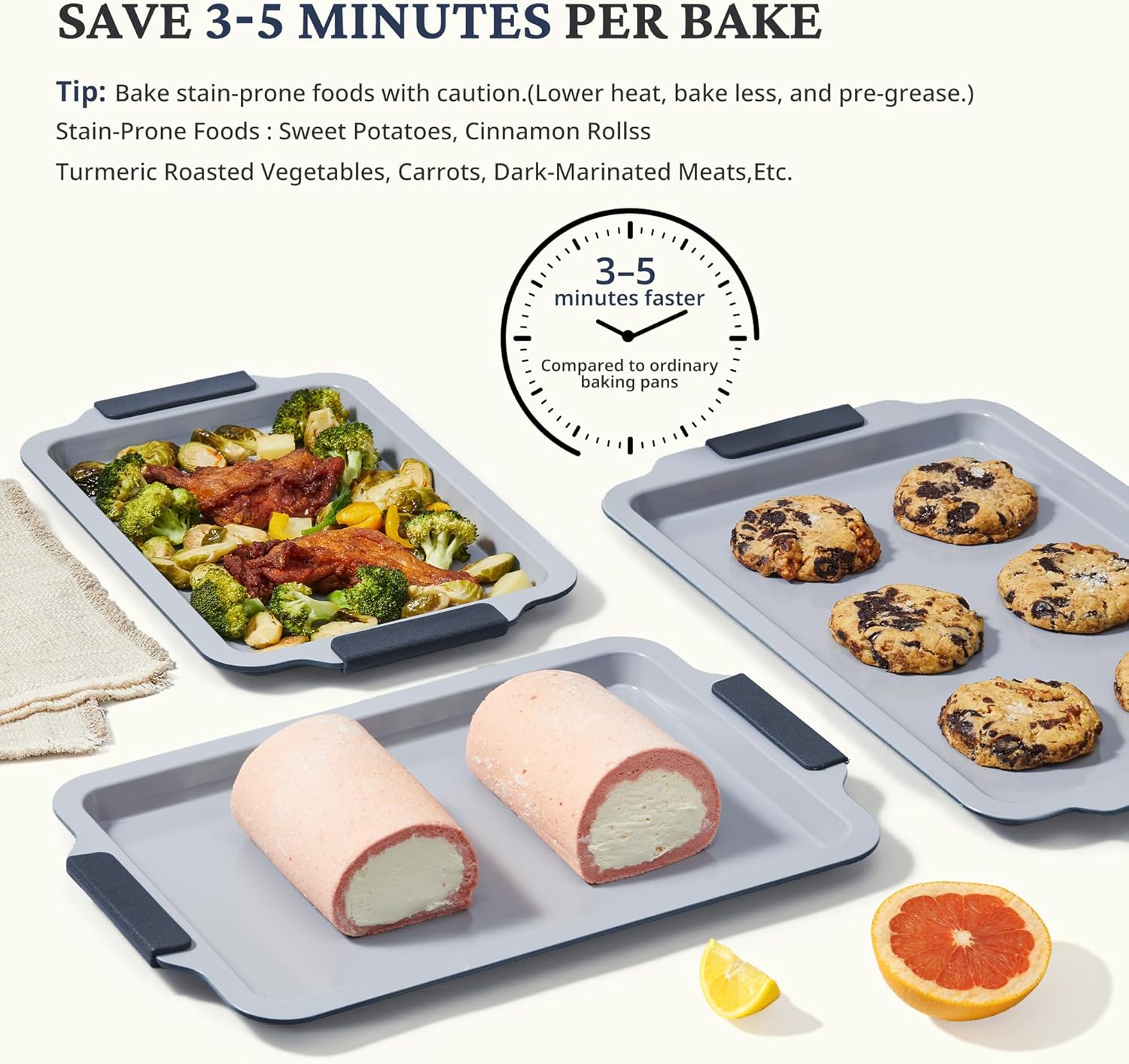 Ceramic nonstick baking sheet set with half, jelly roll, and quarter pans, slate gray