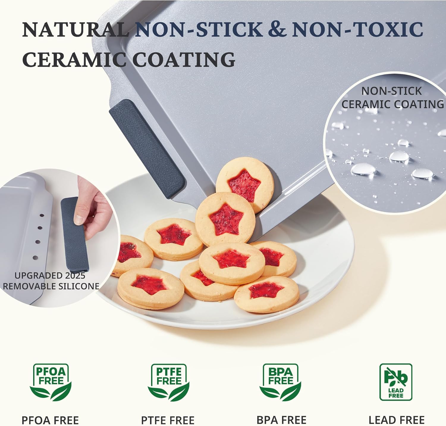 Ceramic nonstick baking sheet set with half, jelly roll, and quarter pans, slate gray