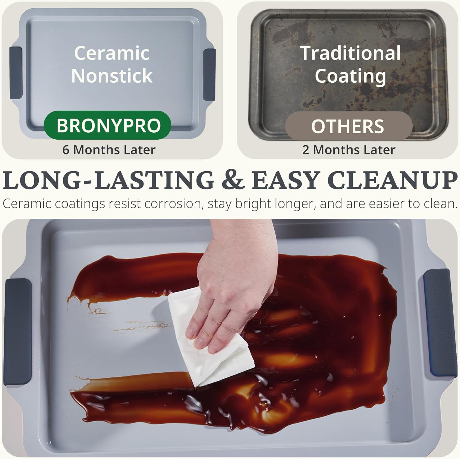 Ceramic nonstick baking sheet set with half, jelly roll, and quarter pans, slate gray