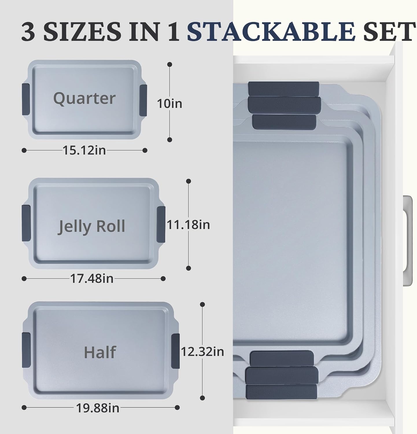Ceramic nonstick baking sheet set with half, jelly roll, and quarter pans, slate gray
