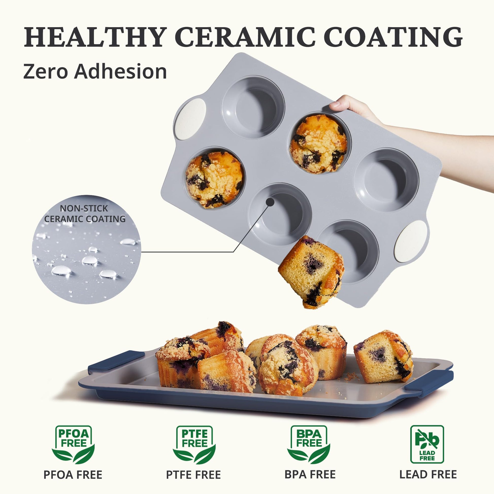 Ceramic nonstick jumbo muffin and cupcake pan with six large cups, cream