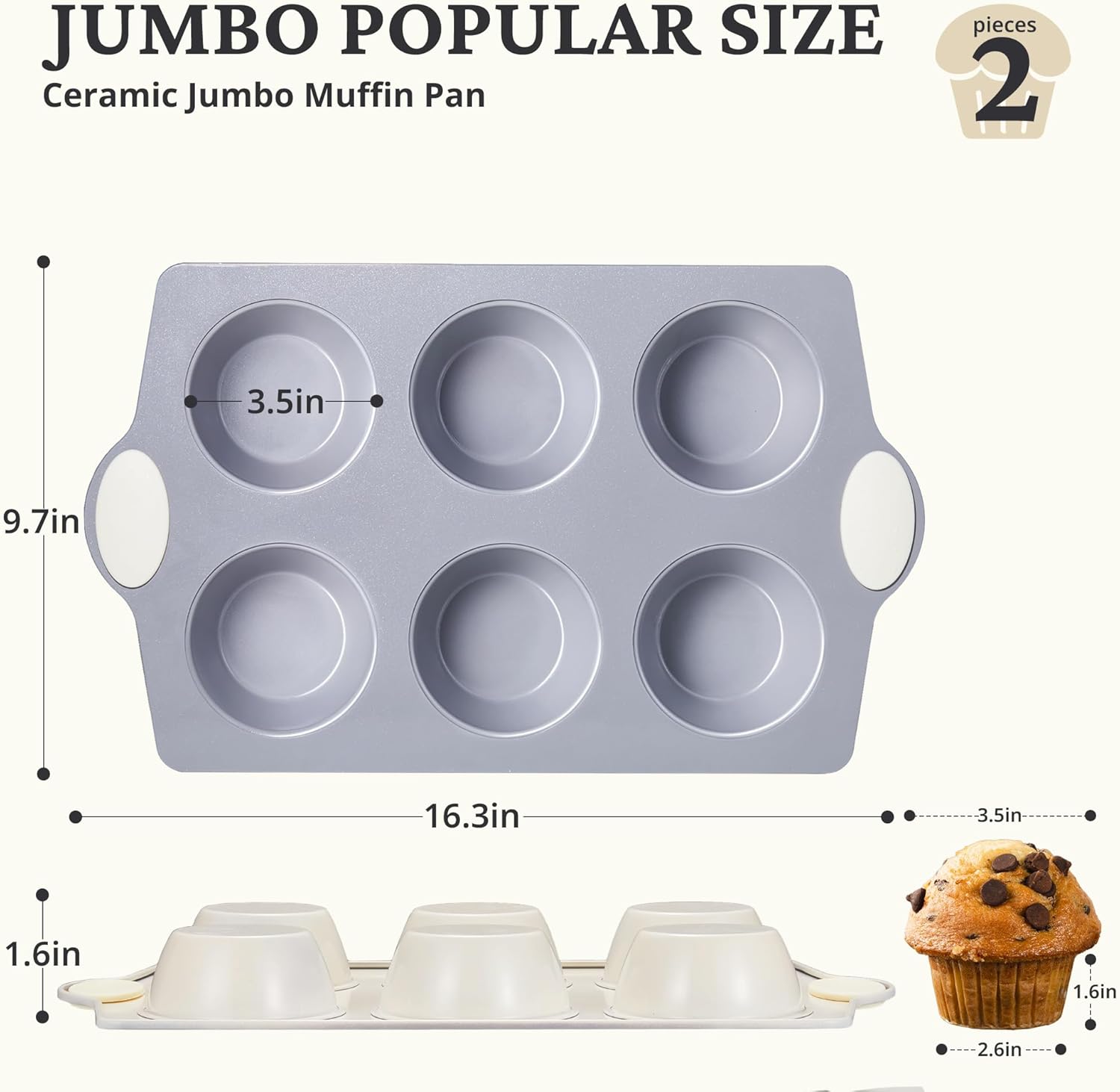 Ceramic nonstick jumbo muffin and cupcake pan with six large cups, cream