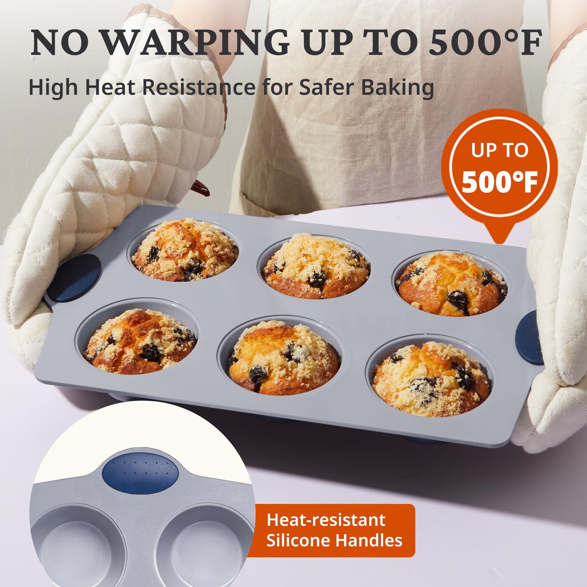 Ceramic nonstick jumbo muffin and cupcake pan with six large cups, grayish blue