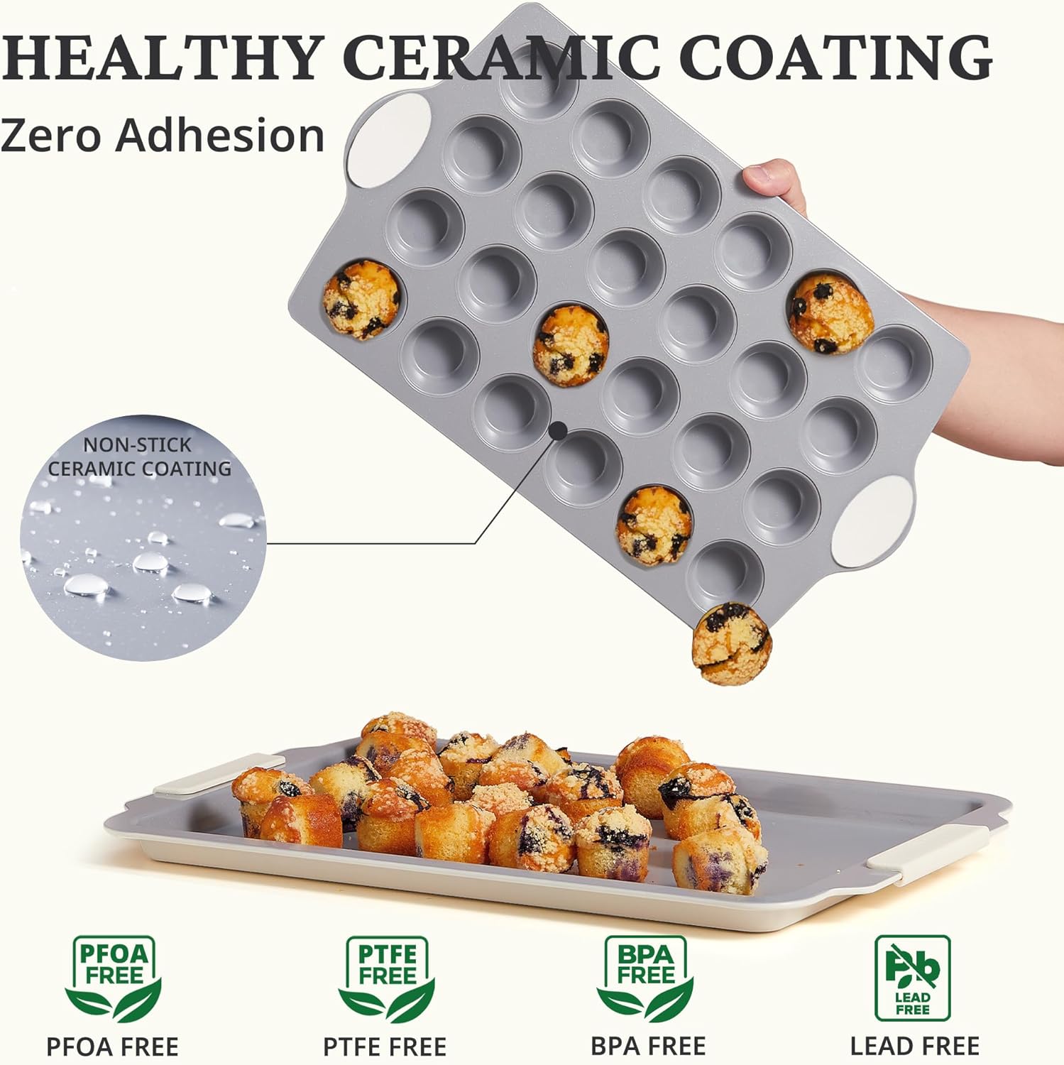 Ceramic nonstick mini muffin and cupcake pan with twenty-four cups, cream