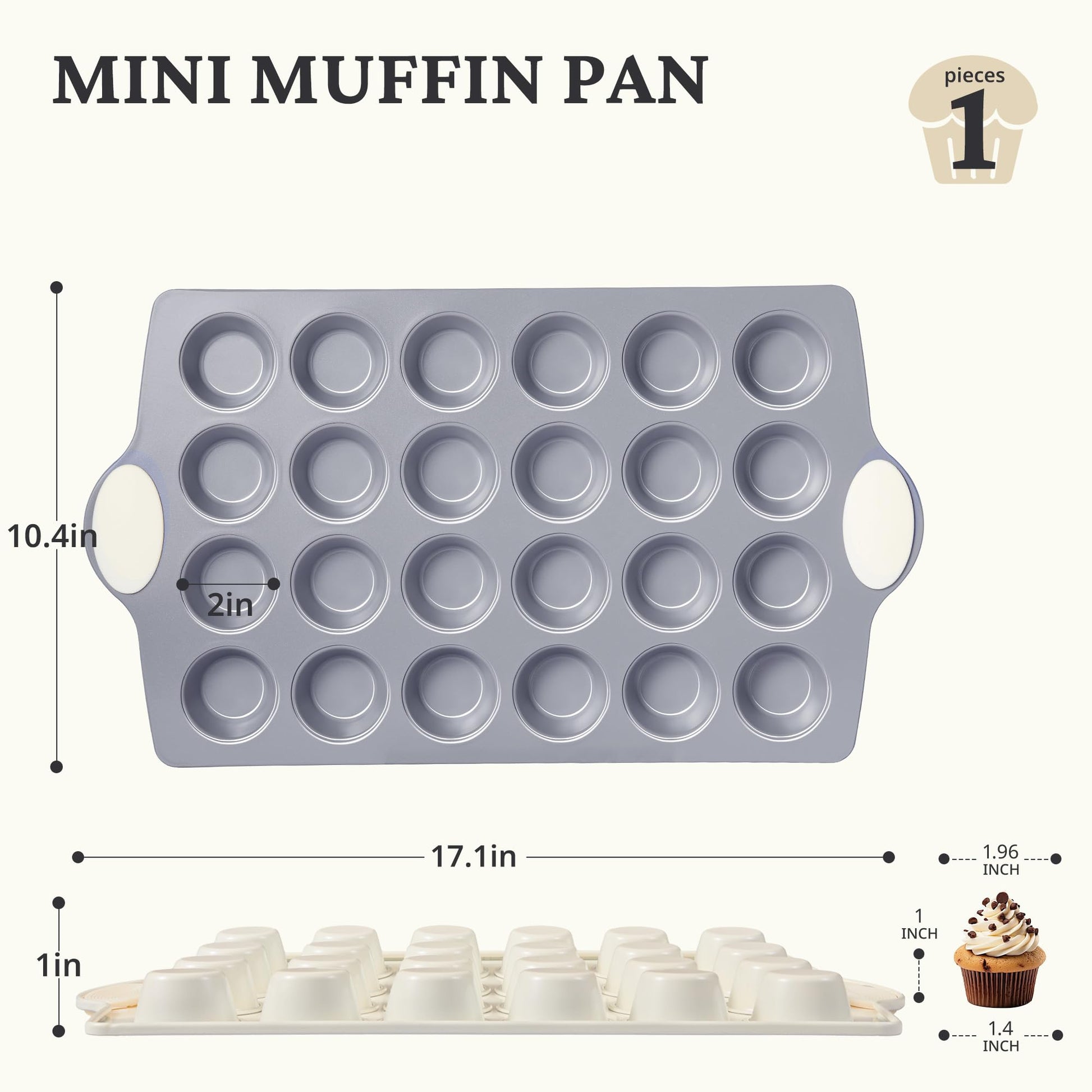 Ceramic nonstick mini muffin and cupcake pan with twenty-four cups, cream