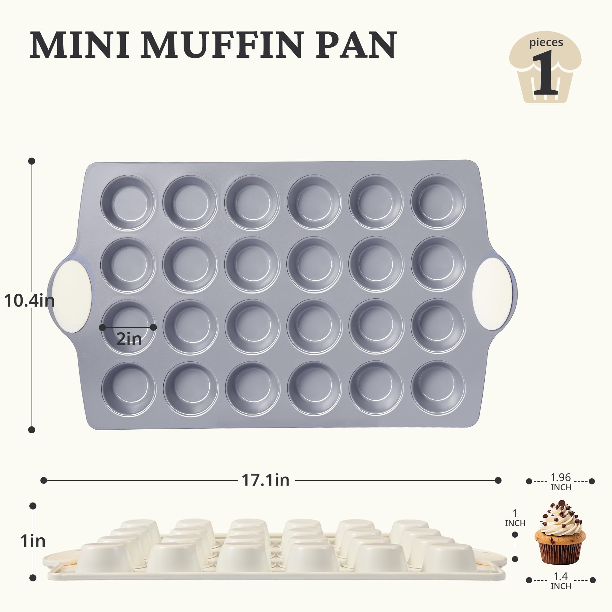Ceramic nonstick mini muffin and cupcake pan with twenty-four cups, cream