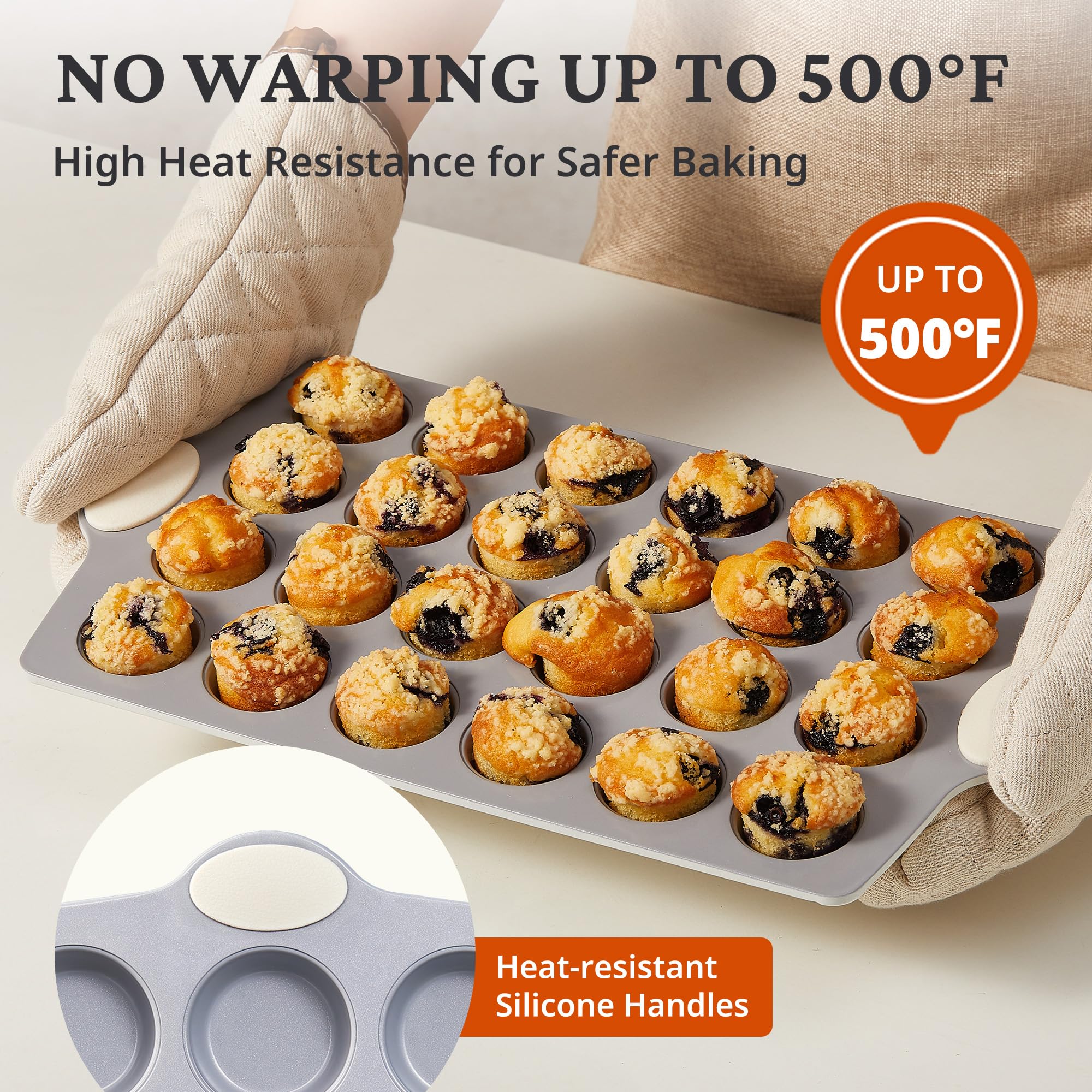 Ceramic nonstick mini muffin and cupcake pan with twenty-four cups, cream
