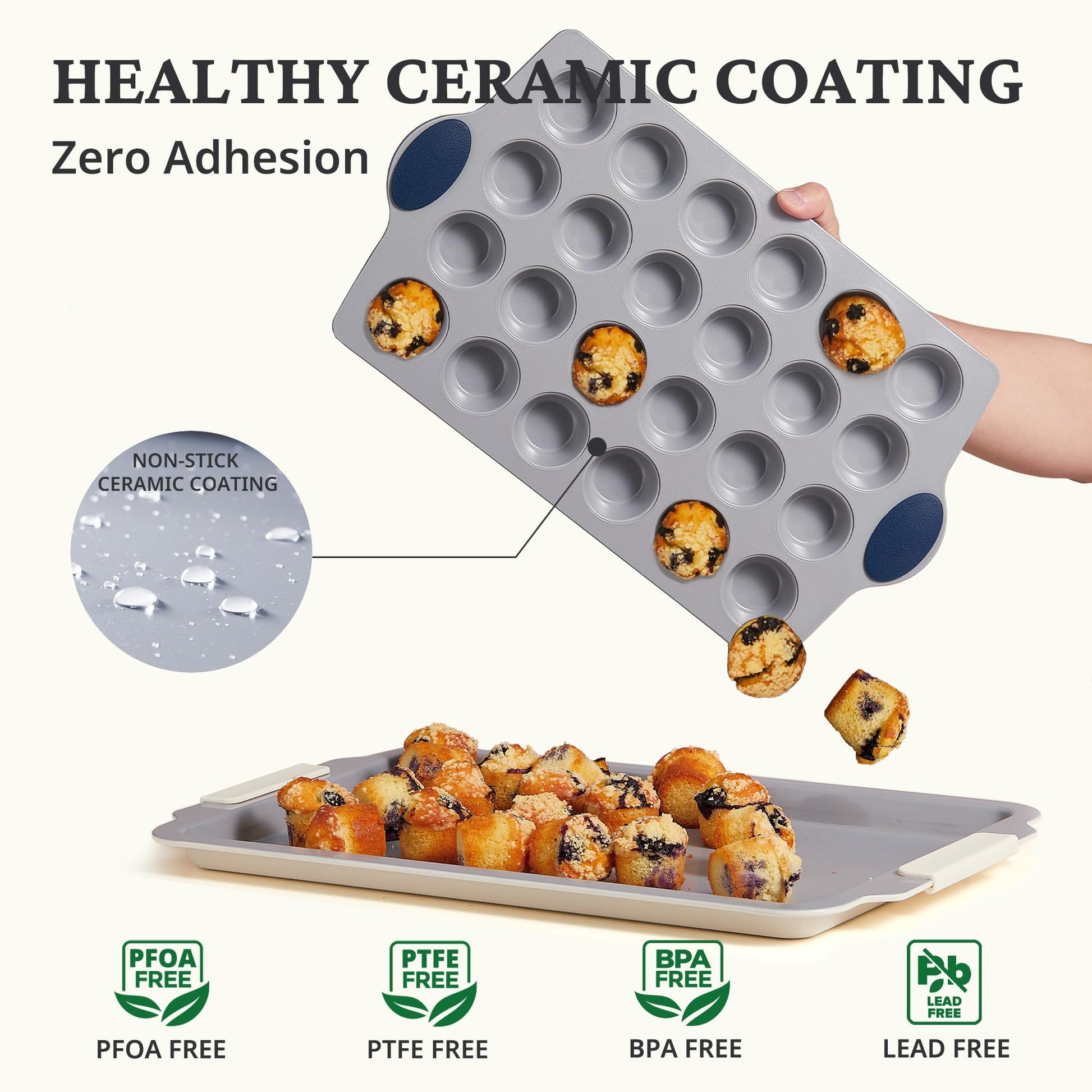 Ceramic nonstick mini muffin and cupcake pan with twenty-four cups, grayish blue