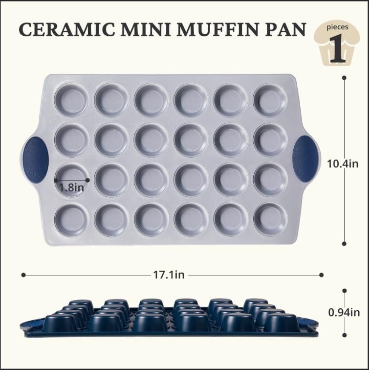 Ceramic nonstick mini muffin and cupcake pan with twenty-four cups, grayish blue